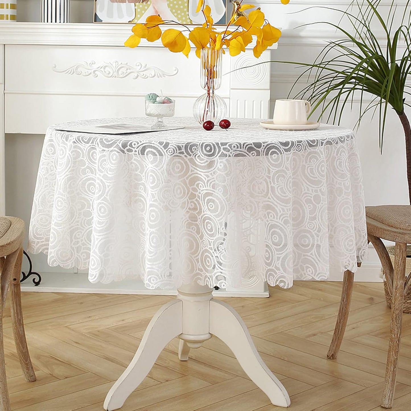 Jeloris Round Lace Tablecloth with Elegant Scalloped Bottom for Any Special Event Such as Wedding, Birthday Party, Baby Shower, Anniversary (60 inch, Style 7)