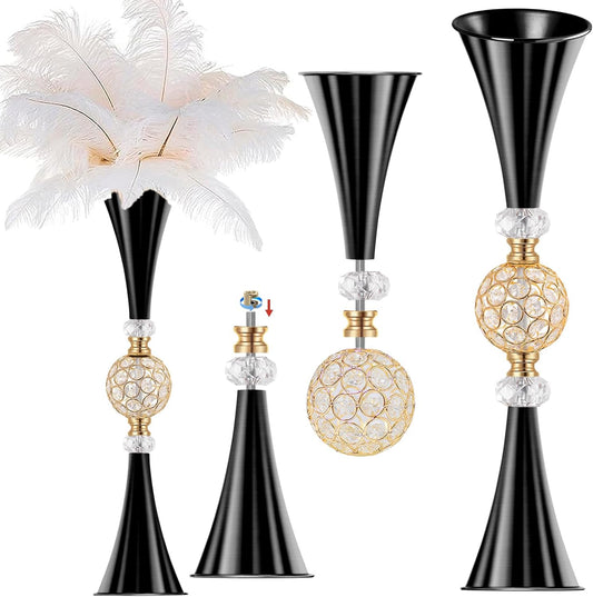 VIJIV Black Tall Crystal Flower Vases for Centerpiece - 28'' Large Trumpet Vase for Bouquet Skinny Decorative, Floor Vase Flower Stand for Party Event, Dining Table Décor, Bridal Shower, Wedding