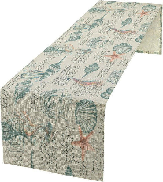 Starfish Table Runner,Seashells Beach Coastal Nautical Sailboat Jellyfish Vintage Hand Drawn Burlap for Hotel Indoors Outdoor Dining Room Kitchen Table Decor, 13x60in