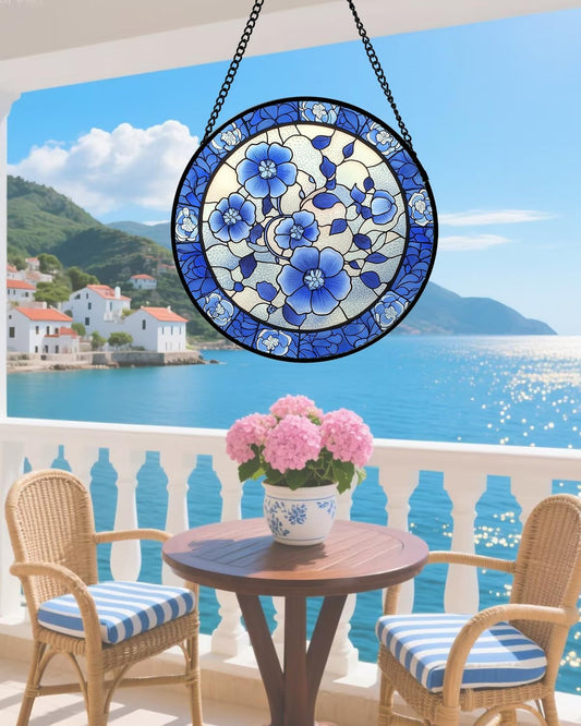 Stained Glass Window Hanging, Blue and White Plum Blossom Sun Catcher for Door Home Decor Flowers Suncatcher Christmas Mother's Day Birthday Gifts for Women Men Mom and Nana 6.3 in