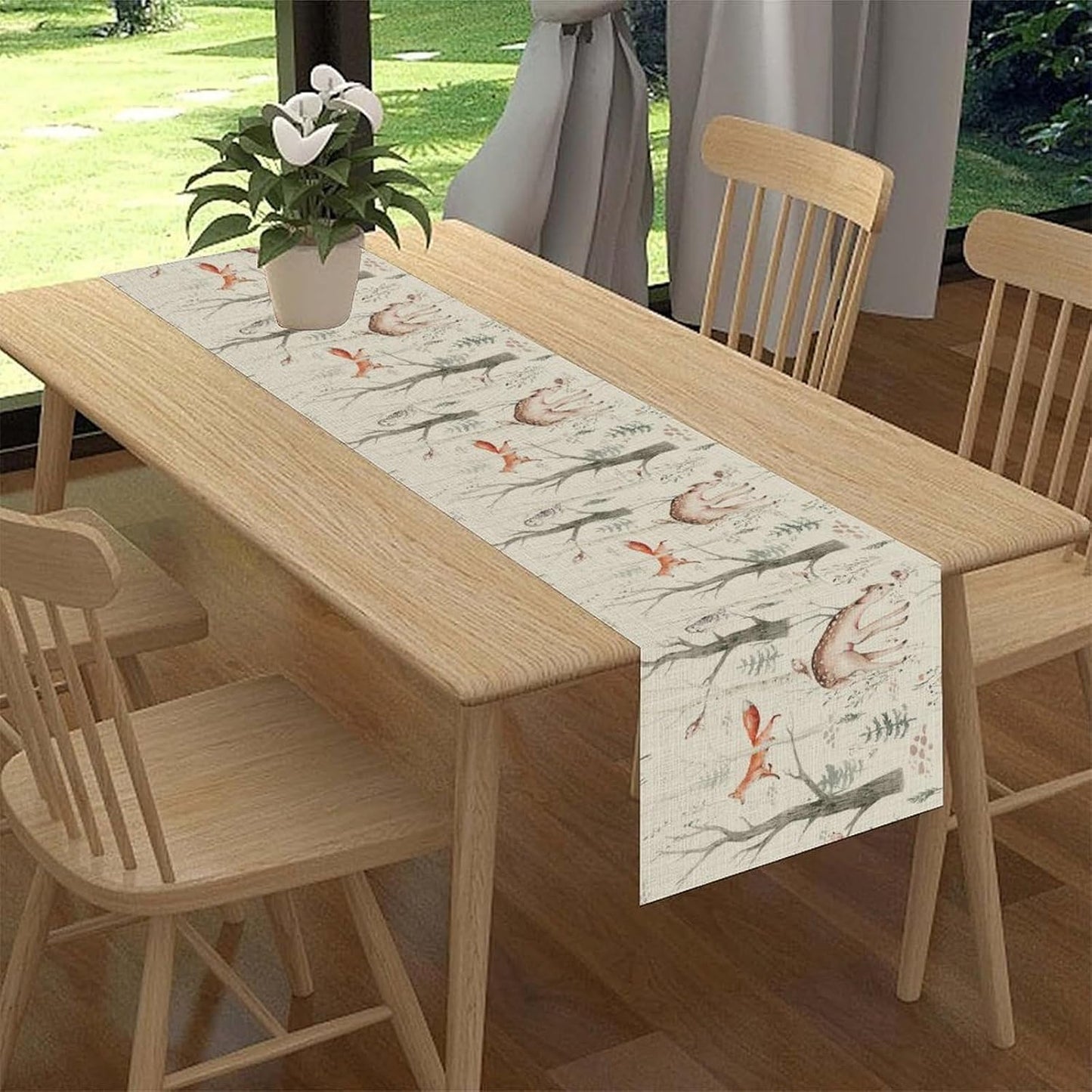 Rustic Woodland Table Runner, Farmhouse Forest Animals Country Lodge Wild Hunt Deer Fox Table Center Decor for Home Kitchen Dining Patio Holiday Party Indoor Outdoor Table Decorations, 13"x36" Inch
