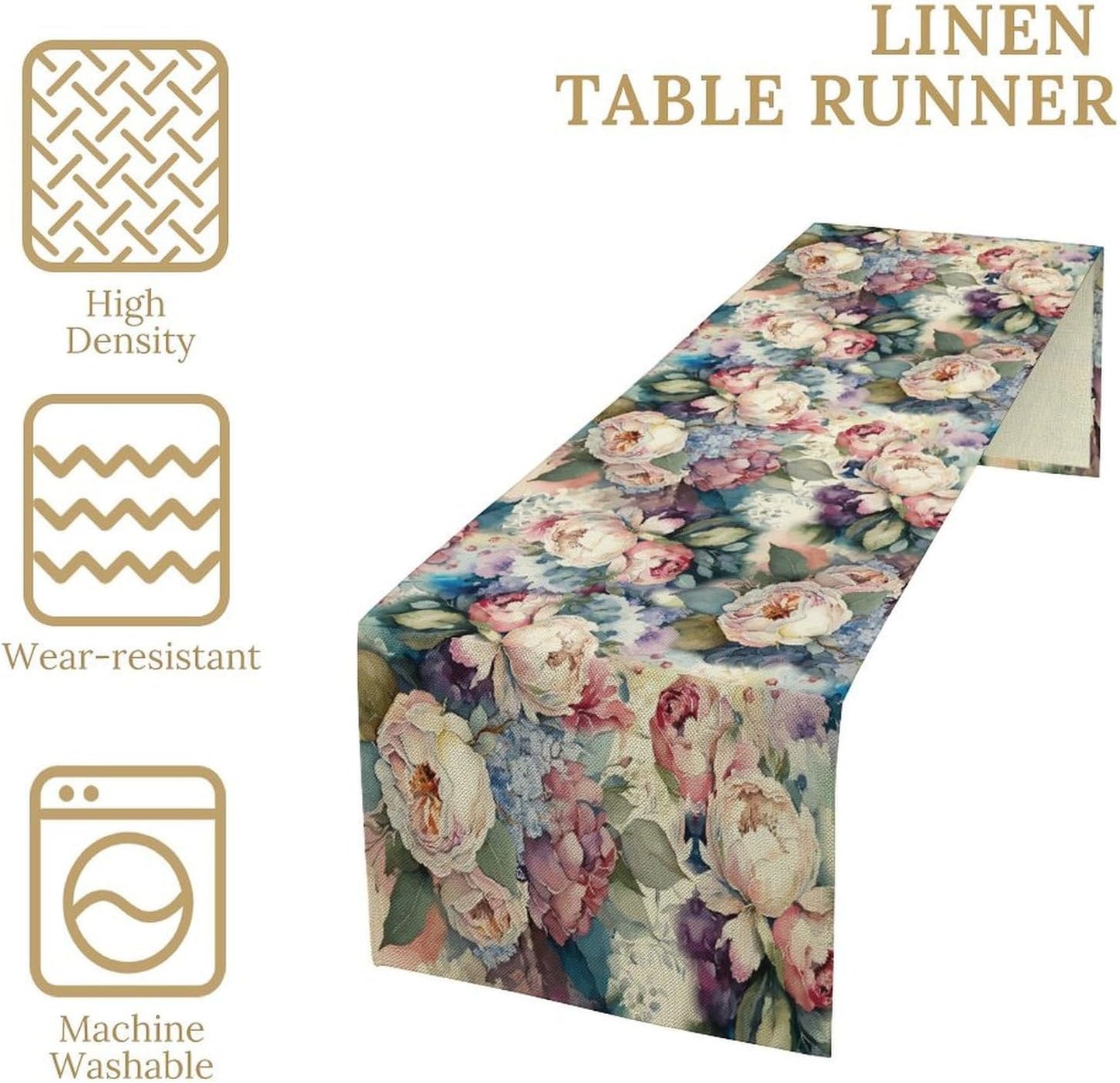 Vintage Floral Table Runner,Girls Women Rose Romantic Leaf Botanical Watercolor Pattern Print Burlap for Hotel Indoors Outdoor Dining Room Kitchen Holiday Party, 13x60in