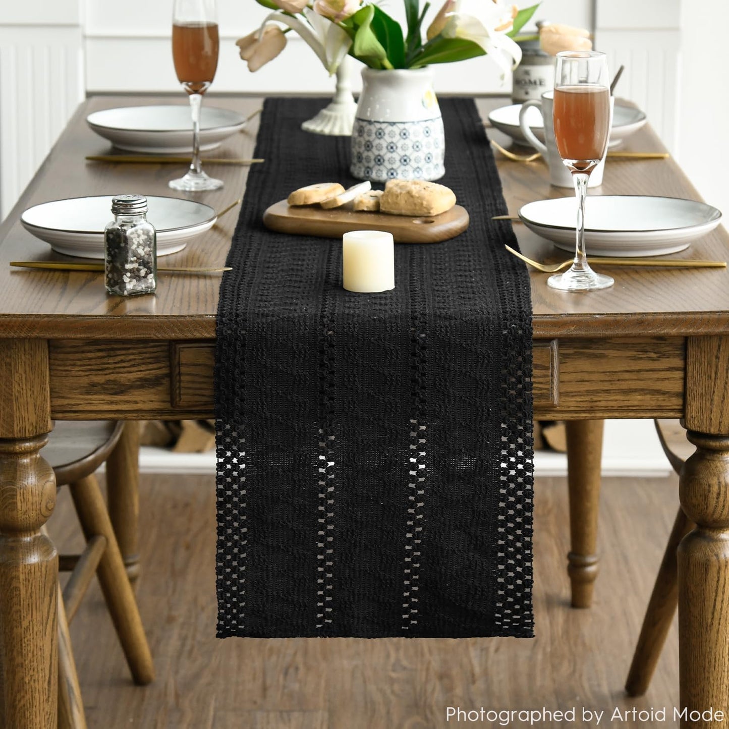 Artoid Mode Black Farmhouse Woven Rustic Hollow Table Runner, Seasonal Holiday Hollow Kitchen Dining Table Decoration for Home Party Decor 12x90 Inch