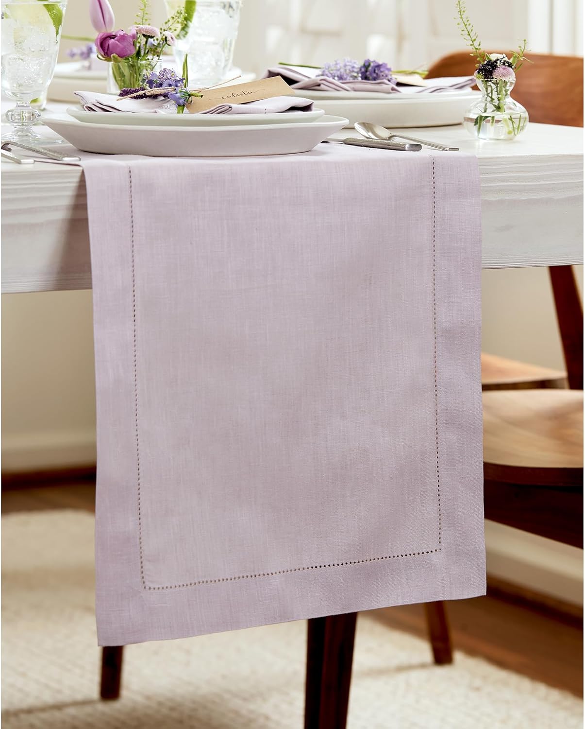 Solino Home Linen Lilac Table Runner 108 Inches Long - 100% Pure Linen 14 x 108 Inch Table Runner for Fall, Autumn, Thanksgiving, Christmas - Classic Hemstitch