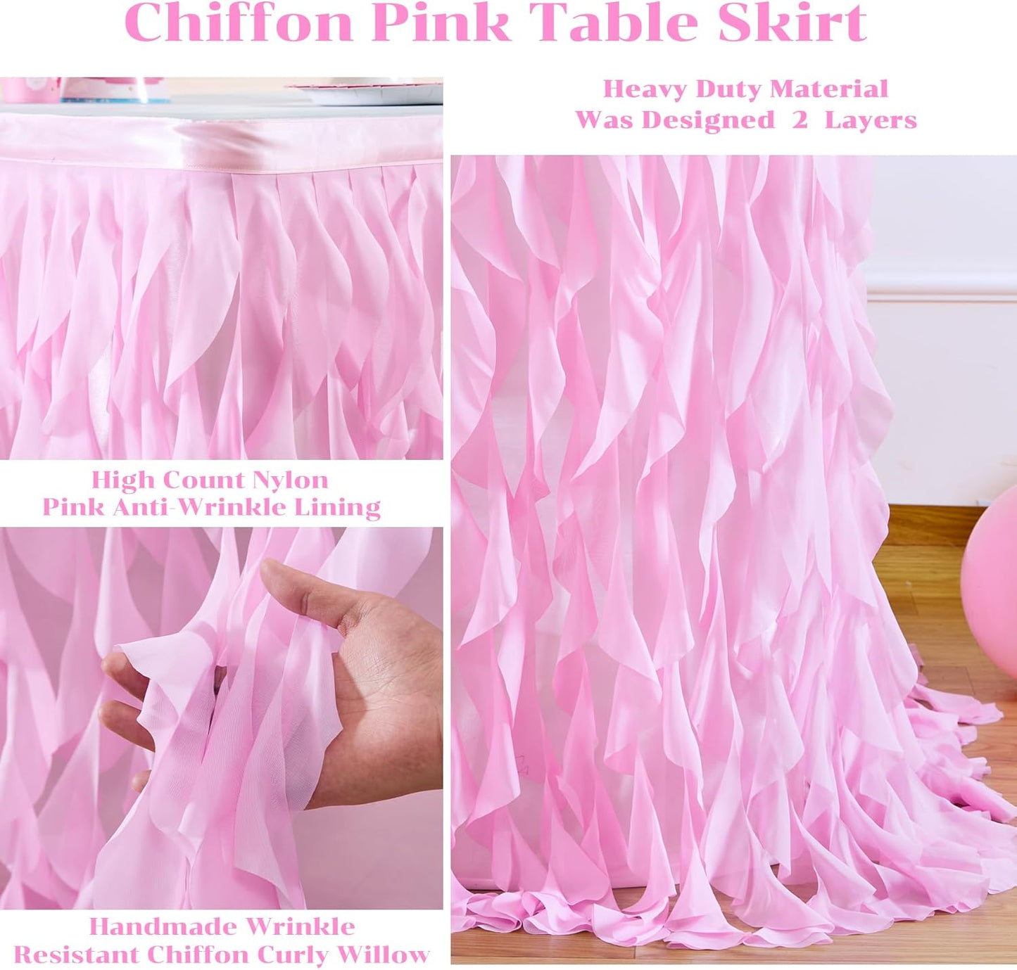 PARTISKY Pink Tulle Curly Willow Table Skirt for Rectangle Table 6ft, Ruffle Tutu Table Cloth for Girls Baby Shower,Birthday Party Candy Cake Tables