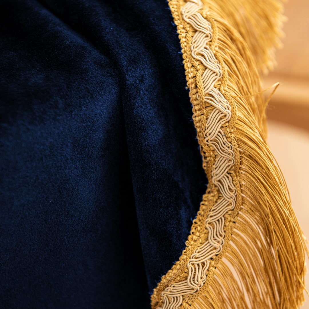F-CHU Blue Tablecloth Thickset Velvet Tablecloth with Beautiful Gold Tassels Vintage Table Cloth for Home Decor Wedding, Party, Banquet and Events 48" Round