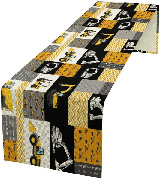 Excavator Table Runner,Boys Kids Construction Vehicles Equipment Trucks Cartoon Car Tablecloth Burlap for Hotel Indoors Outdoor Dining Room Kitchen Holiday Party, 13x90in