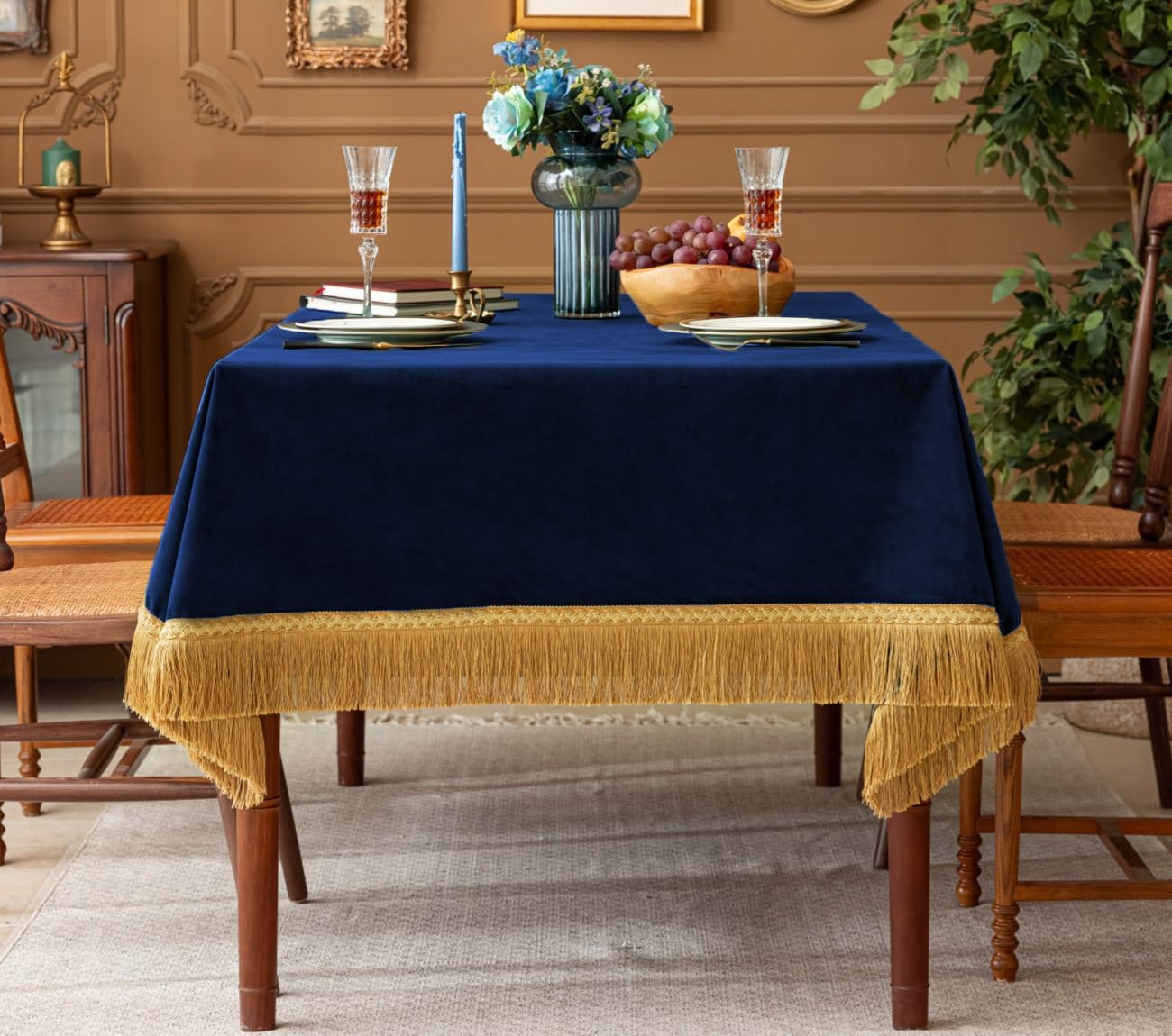 F-CHU Luxury Blue Tablecloth Thickset Velvet Tablecloth with Beautiful Gold Tassels Vintage Table Cloth for Home Decor Wedding, Party, Banquet and Events 60x70-Inch