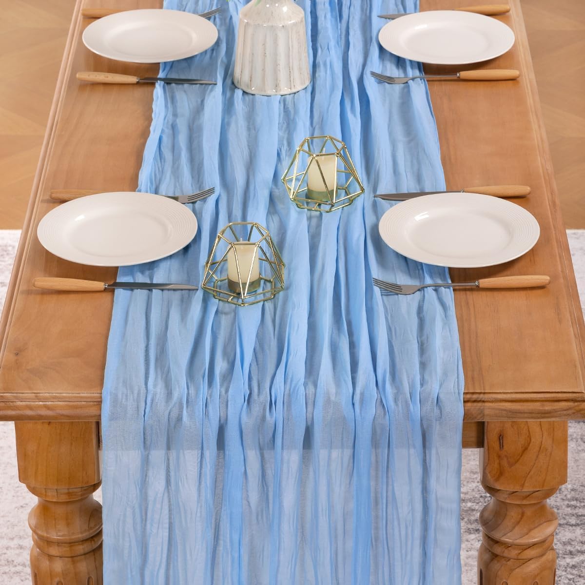 MLMW 4 Pack Light Blue Cheesecloth Table Runner Boho Gauze Rustic Cheese Cloth 160 inch Sheer Baby Blue Coastal Table Runner 13.3ft for Wedding Party Baby Bridal Shower Birthday