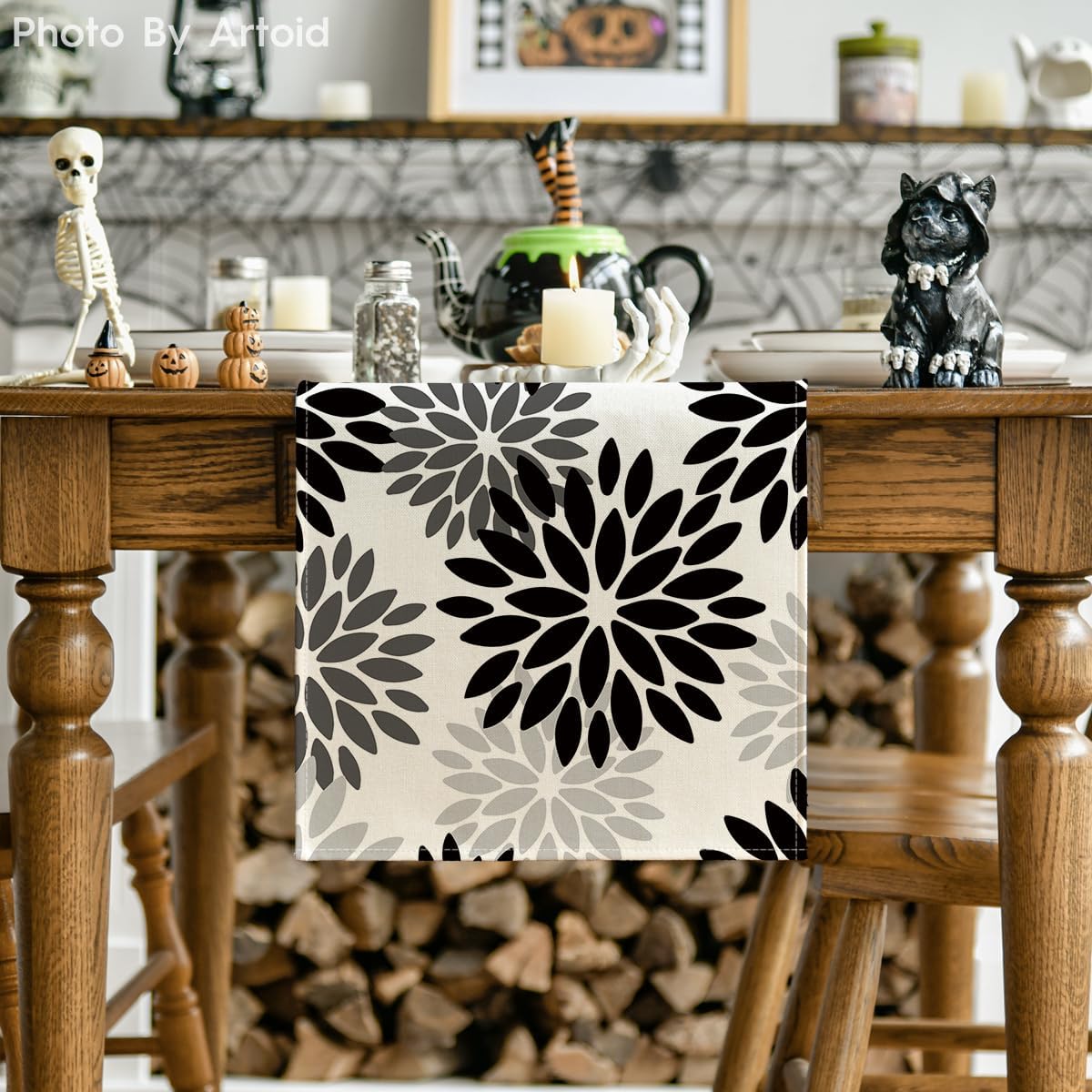 Artoid Mode Black Dahlia Floral Pinnata Halloween Table Runner, Fall Autumn Kitchen Dining Table Decoration for Home Party Decor 13x72 Inch