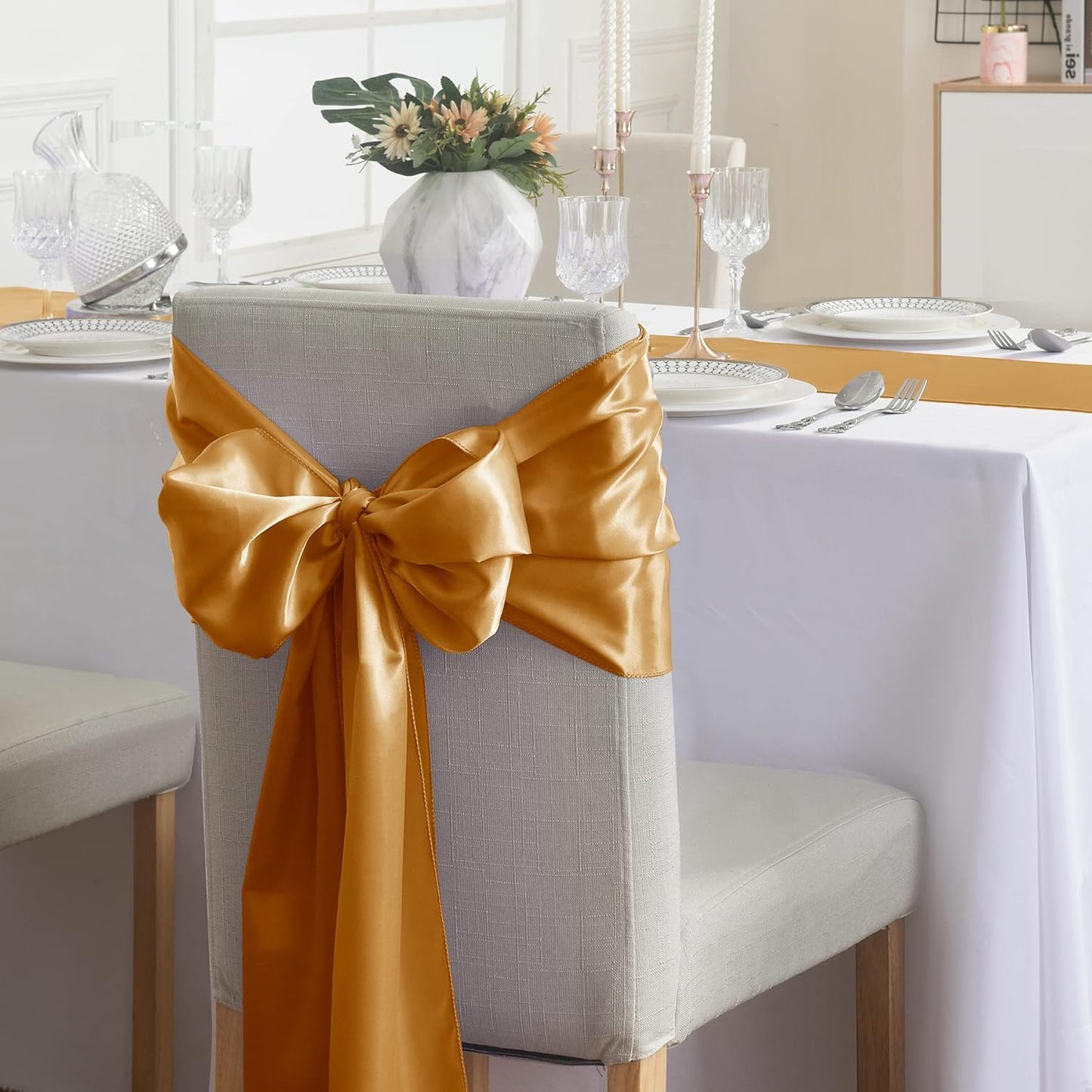 24Pack Table Runner 12 x 108 Inches Satin Silk Table Runner for Wedding, Birthday Party, Banquets, Graduations Decoration, fit Rectange and Round Table-Gold