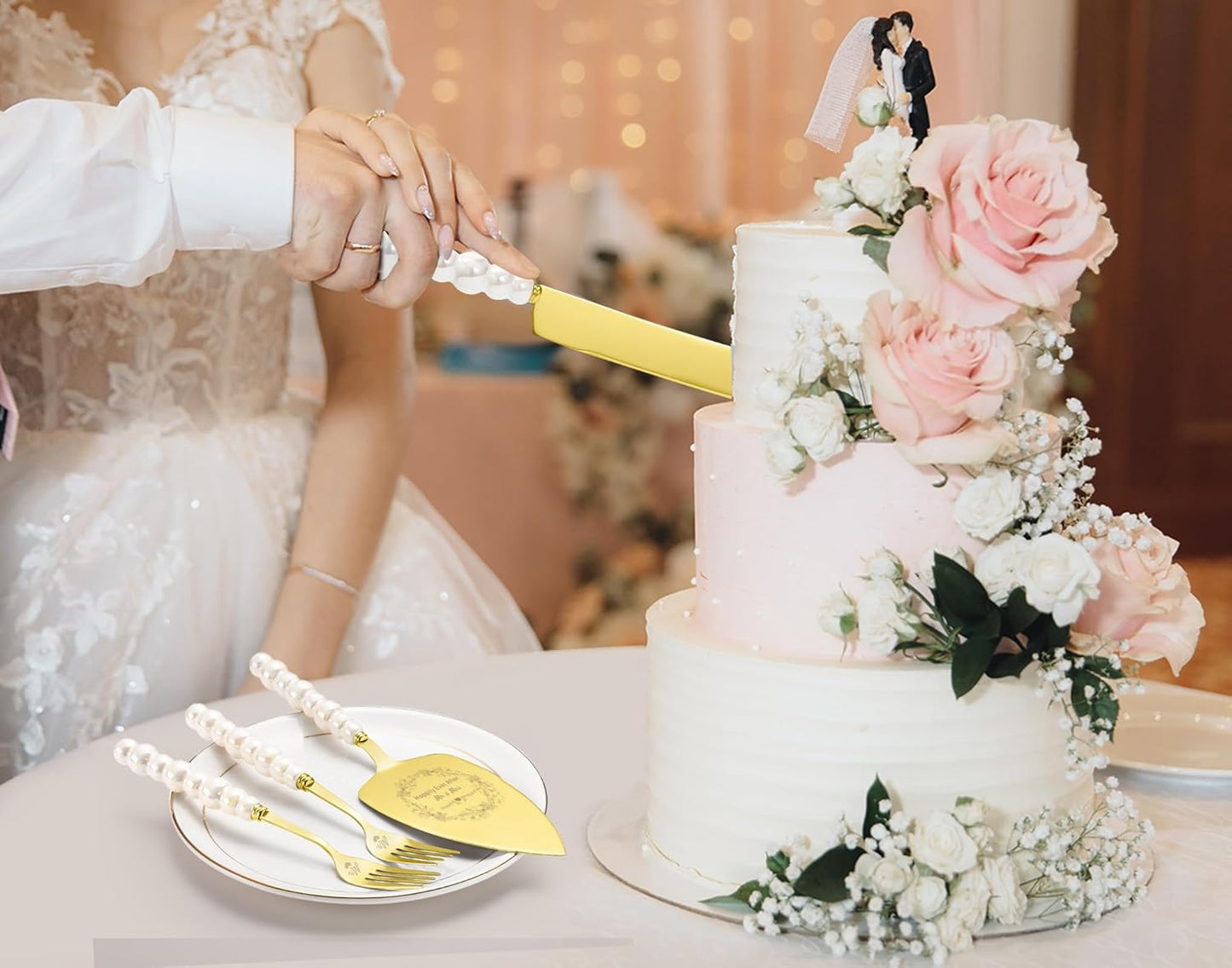 Wedding Cake Knife and Server Set,Gold Cake Cutting Set for Wedding,Ceramic Pearl Handle Wedding Cake Cutting Set for Engagements,Weddings, Anniversaries,and Engagement Gifts for Couples