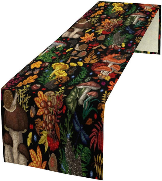Nature Mushroom Table Runner,Retro Boho Floral Botanical Plant Forest Pattern Print Tablecloth Burlap for Hotel Indoors Outdoor Dining Room Kitchen Holiday Party, 13x108in