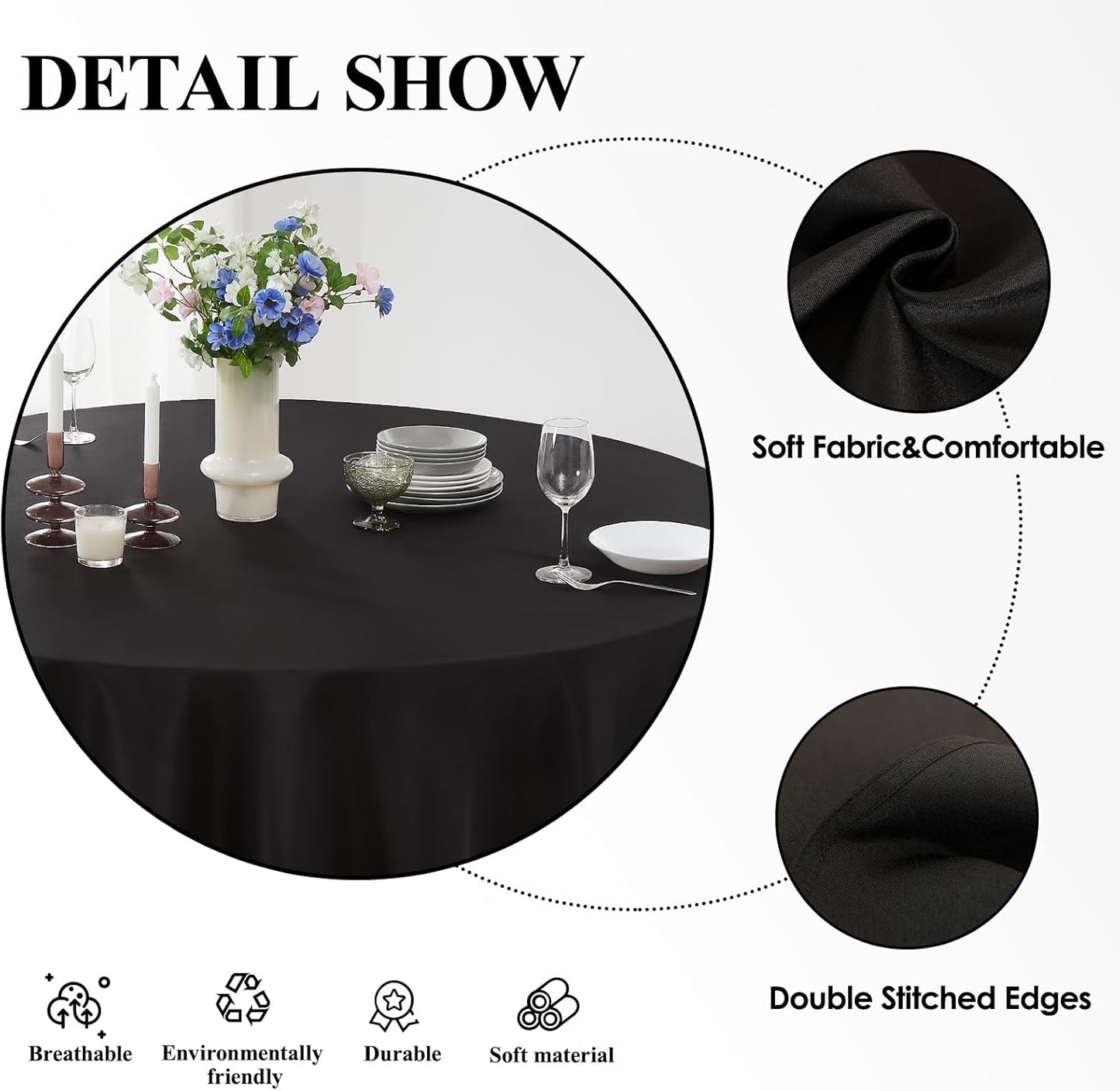 Round Tablecloth 2 Pack 120 Inch Black Tablecloths Washable Decorative Linen Polyester Table Clothes Cover for Dining Table Banquets Buffet Parties and Wedding