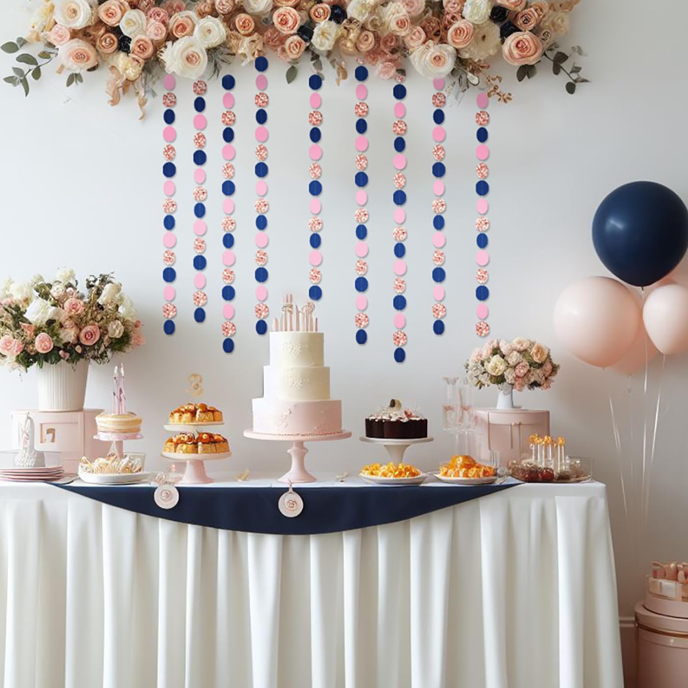 Rose-Gold Navy-Blue Pink Party Decorations – 52ft Paper Garland Gender Reveal Bridal Baby Shower Decoration Birthday Engagement Bachelorette Wedding Hanging Decor HongTongTong