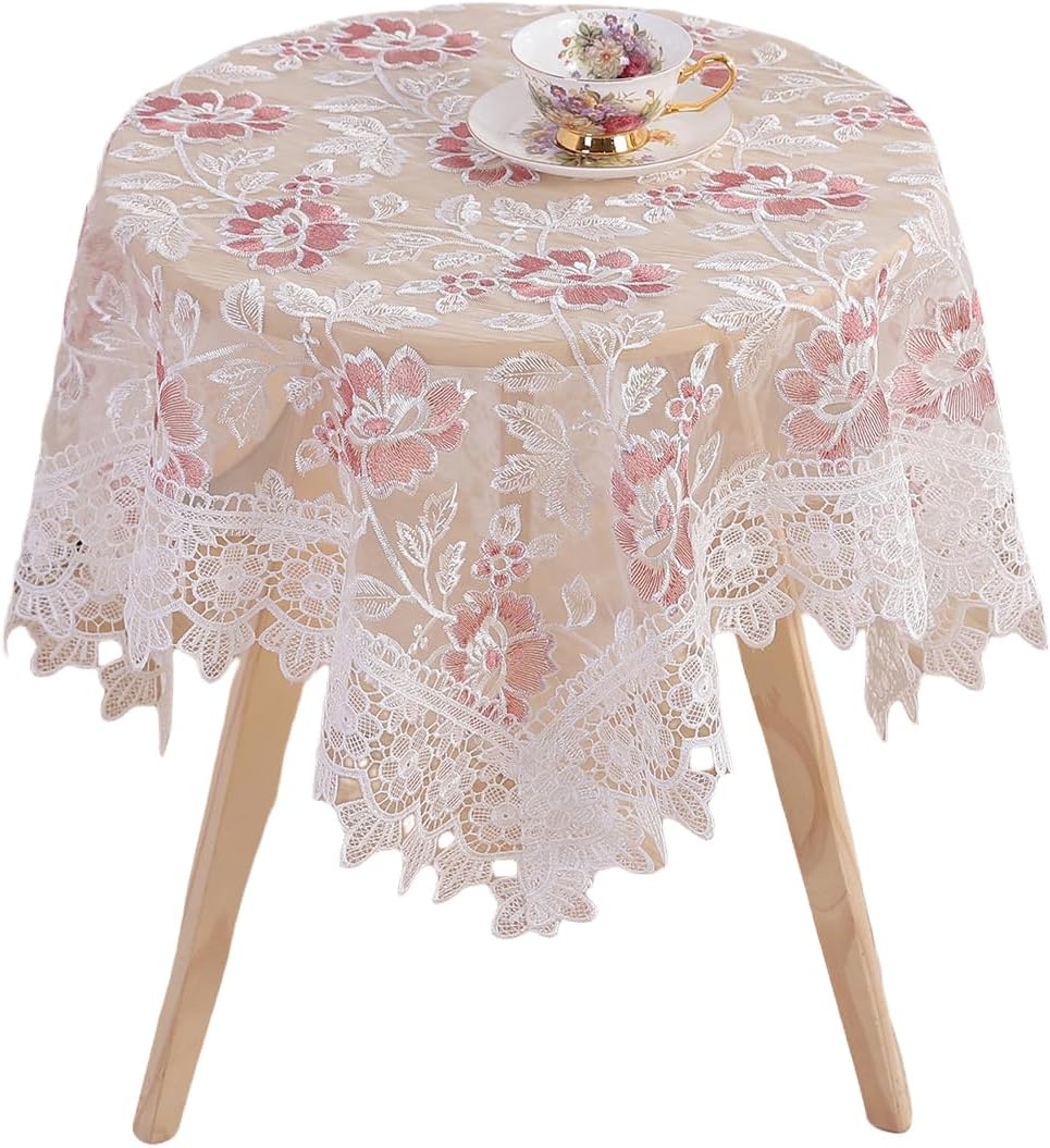 White Lace Tablecloth Round Embroidered Lace Tablecloth Vintage Decorative Exquisite Border Table Cover for Party Wedding Home Decorations, Round-48, White