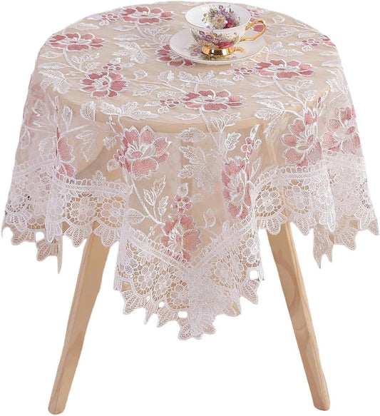 White Lace Tablecloth Round Embroidered Lace Tablecloth Vintage Decorative Exquisite Border Table Cover for Party Wedding Home Decorations, Round-48, White