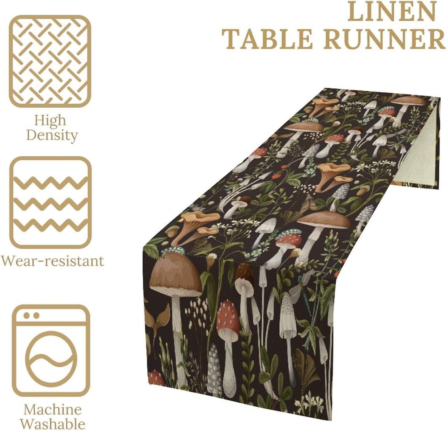 Mushroom Table Runner,Retro Forest Wildflower Botanical Plants Flower Art Pattern Print Burlap Hotel Indoors Outdoor Dining Room Kitchen Holiday Party, 13x36in