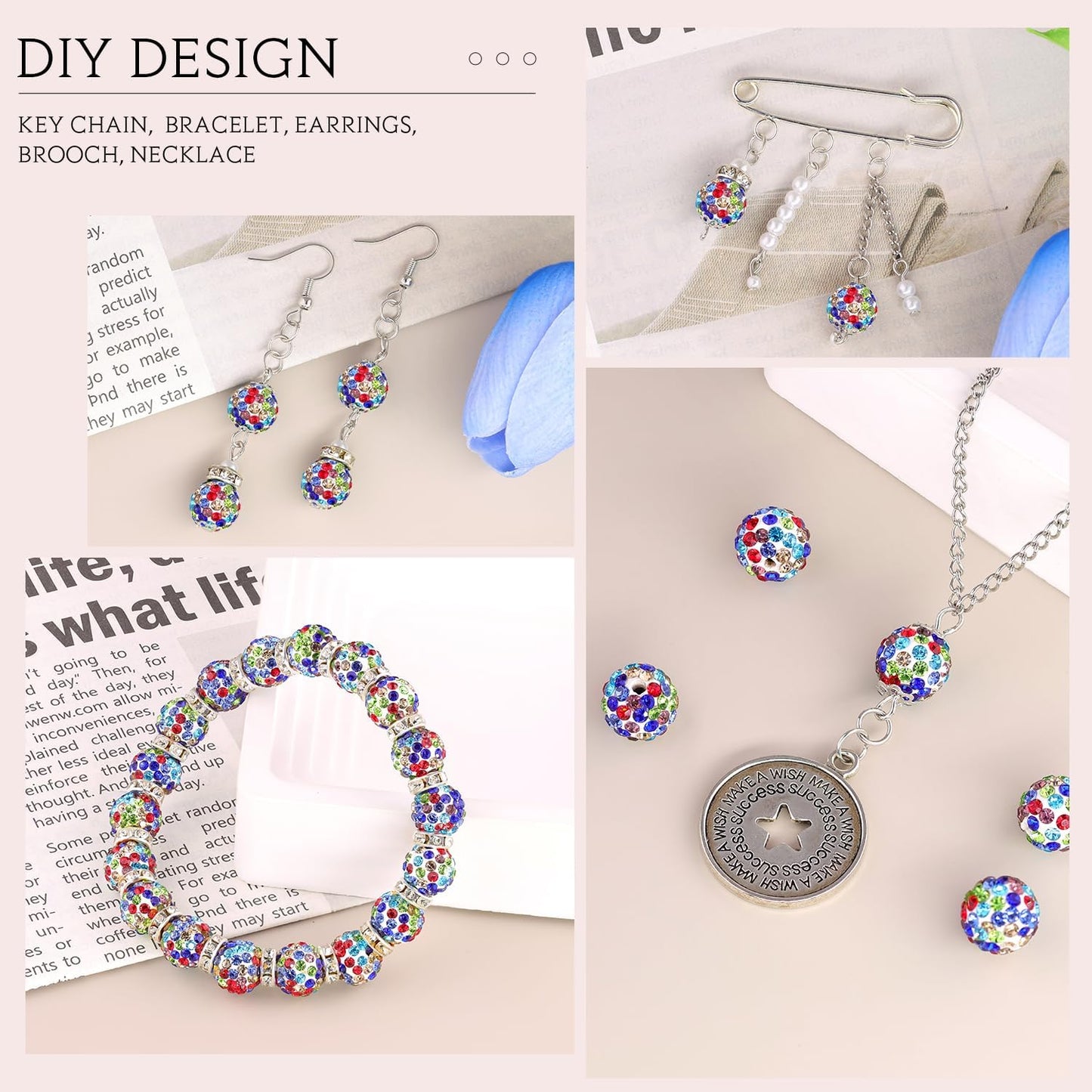 150pcs 10mm Rhinestone Beads for Jewelry Making, White Mixed Shiny Round Shamballa Disco Beads Bulk, Sparkle Crystal Clay Christmas for Bracelet Baseball Necklace Earring Crafting and DIY