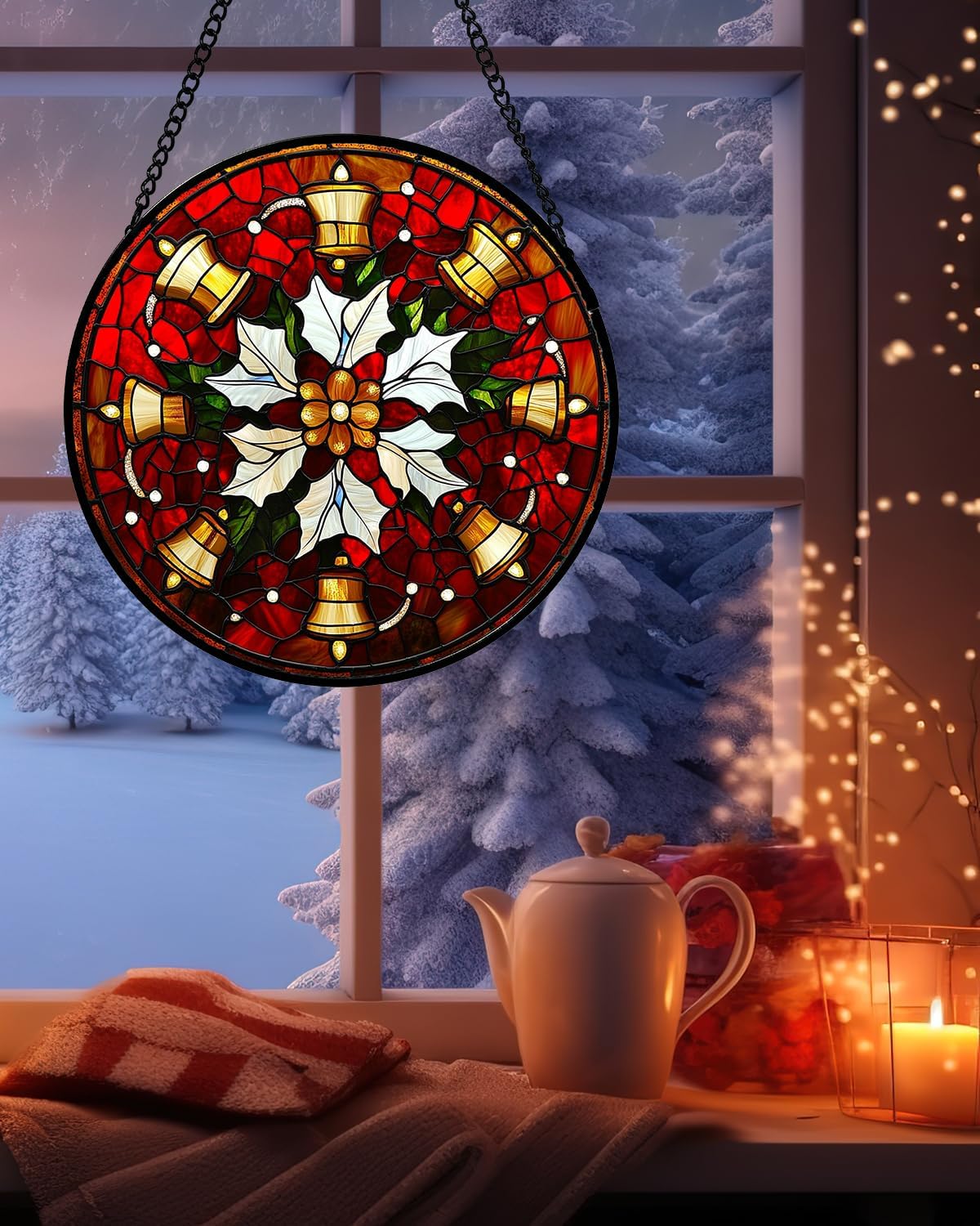 Stained Glass Window Hanging - Golden Bells Flowers Suncatcher for Doors Home Christmas Decoration Winter Sun Catcher Thanksgiving New Year Birthday Gift for Friend Women Men Mom Nana 7.8 in