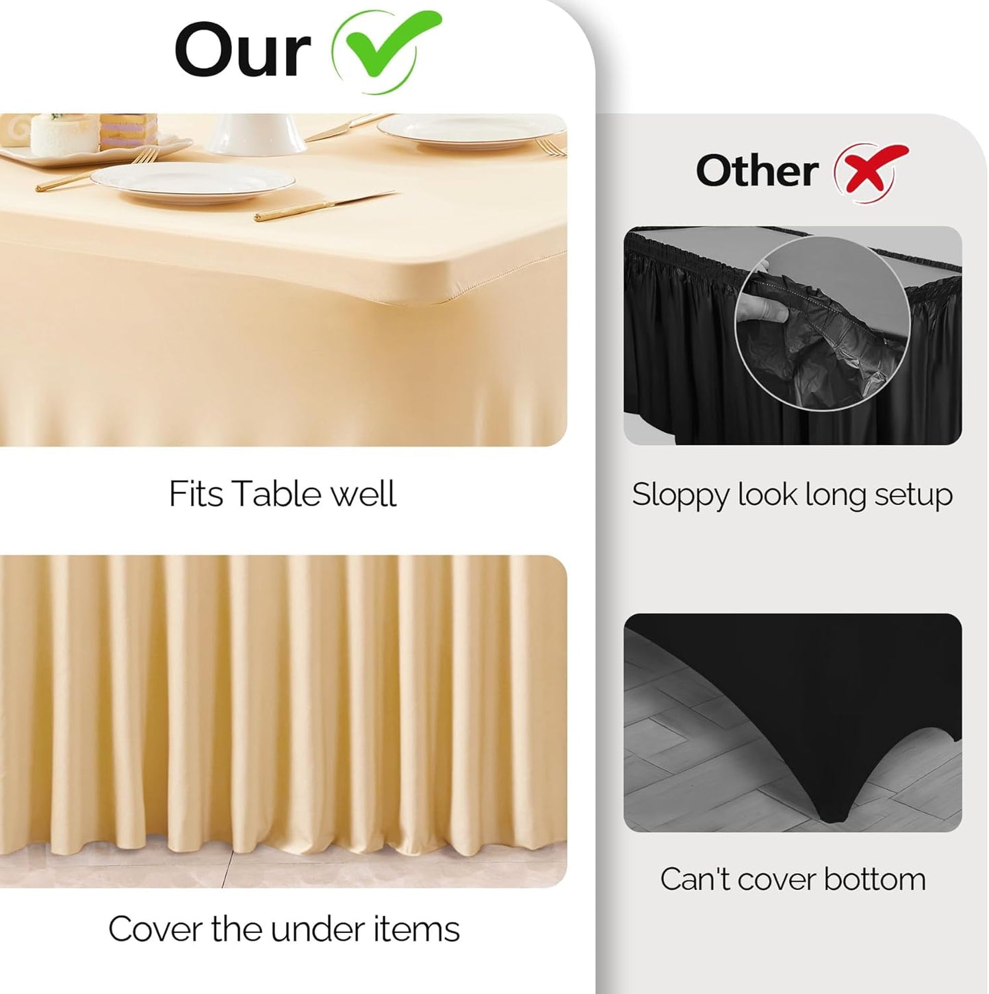 Wish Care 2 Pack Champagne Spandex Table Clothes for 4 Foot Rectangle Tables, 4FT Wrinkle Free Fitted Tablecloths Ruffles Design Table Cover for Party, Banquet, Wedding and Events