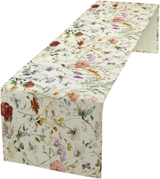 Floral Butterfly Table Runner,Rustic Colorful Flower Botanical Watercolor Pattern Print Burlap for Hotel Indoors Outdoor Dining Room Kitchen Holiday Party, 13x80in