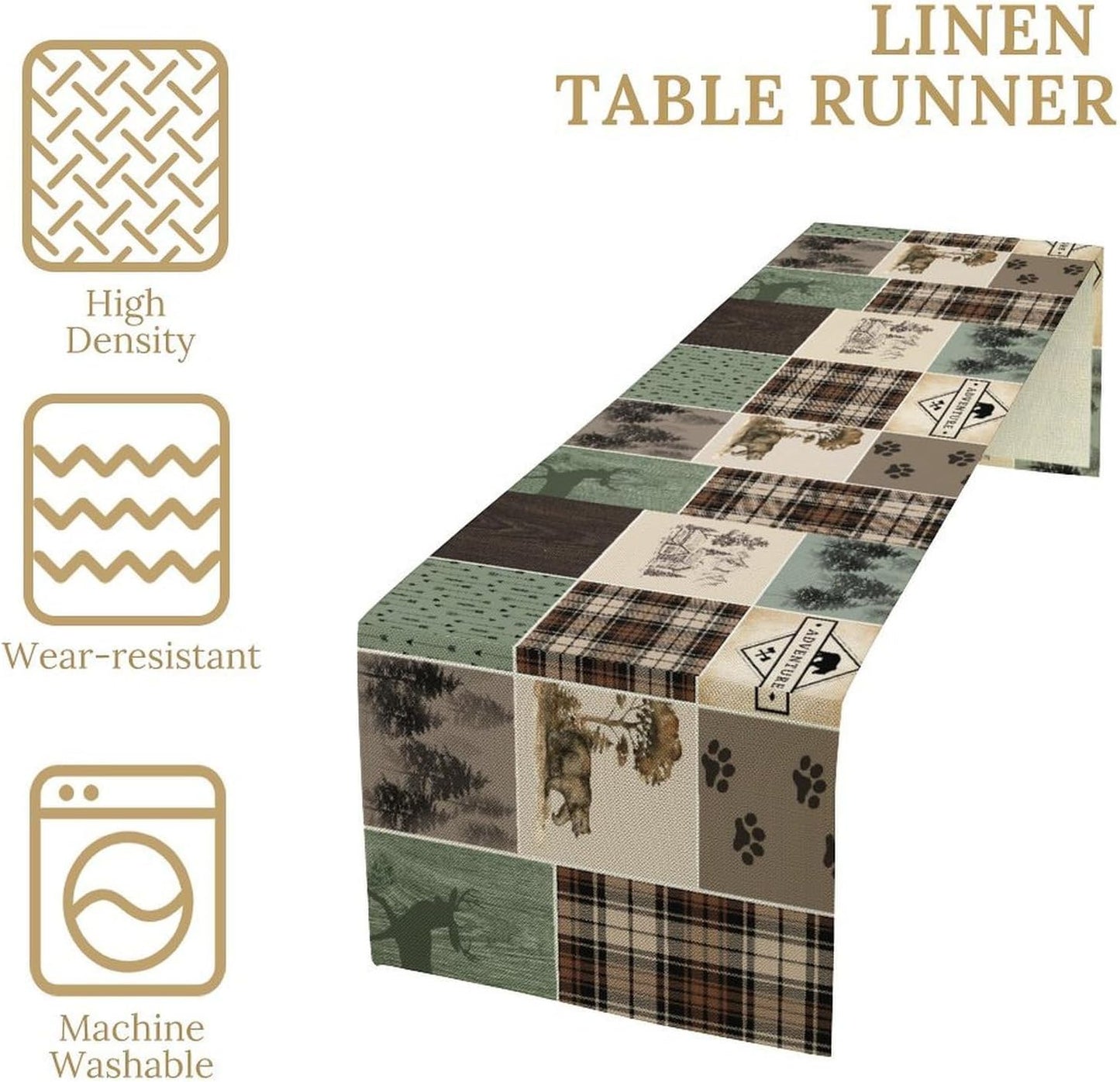 Bear Deer Table Runner,Rustic Lodge Retro Country Farmhouse Buffalo Plaid Print Tablecloth Burlap for Hotel Indoors Outdoor Dining Room Kitchen Home Decor,W13X L108 in