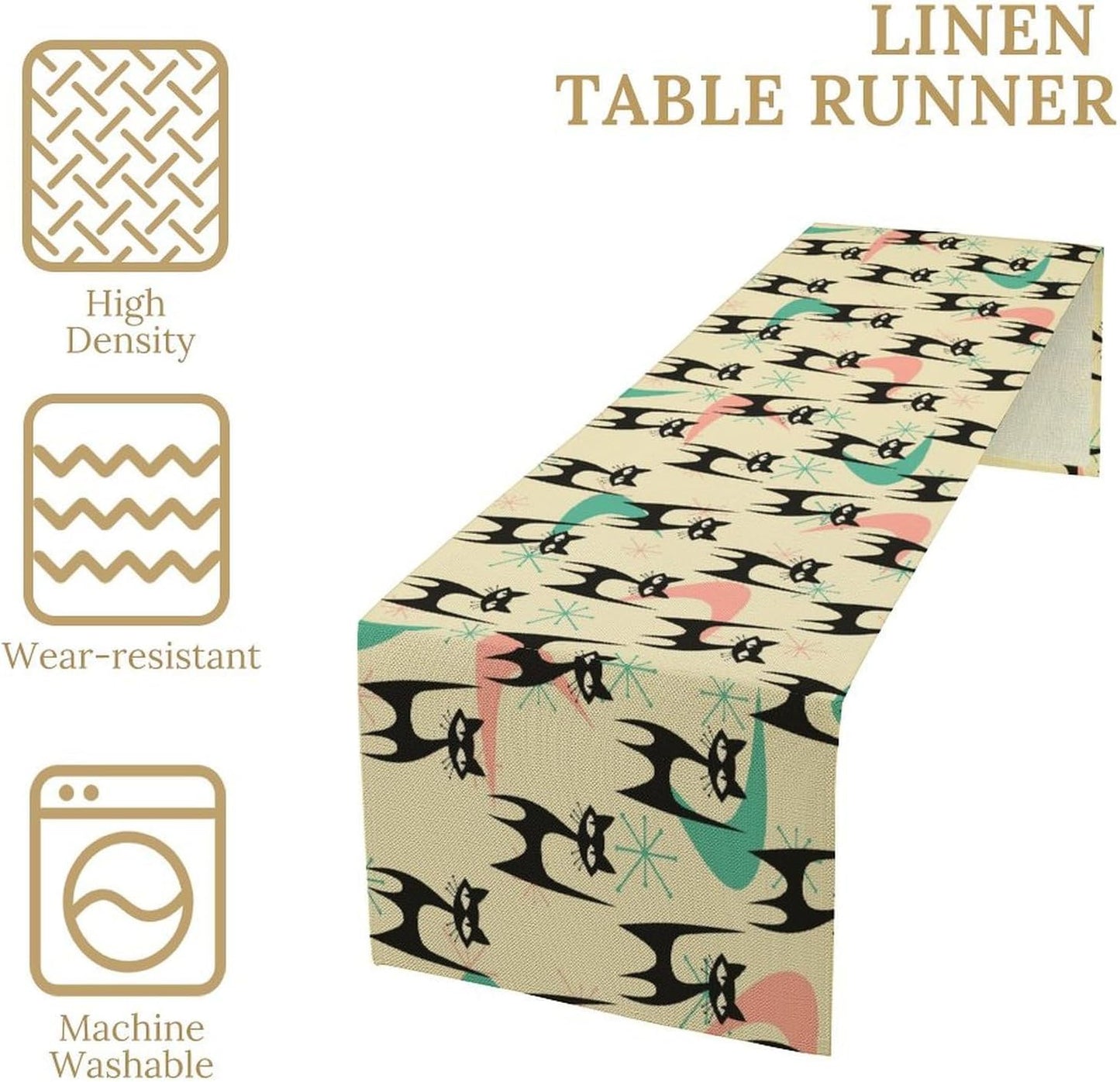 Mid Century Table Runner,Cat Geometric Stripe Colorful Abstract Pattern Print Tablecloth Burlap for Hotel Indoors Outdoor Dining Room Kitchen Holiday Party, 13x60in