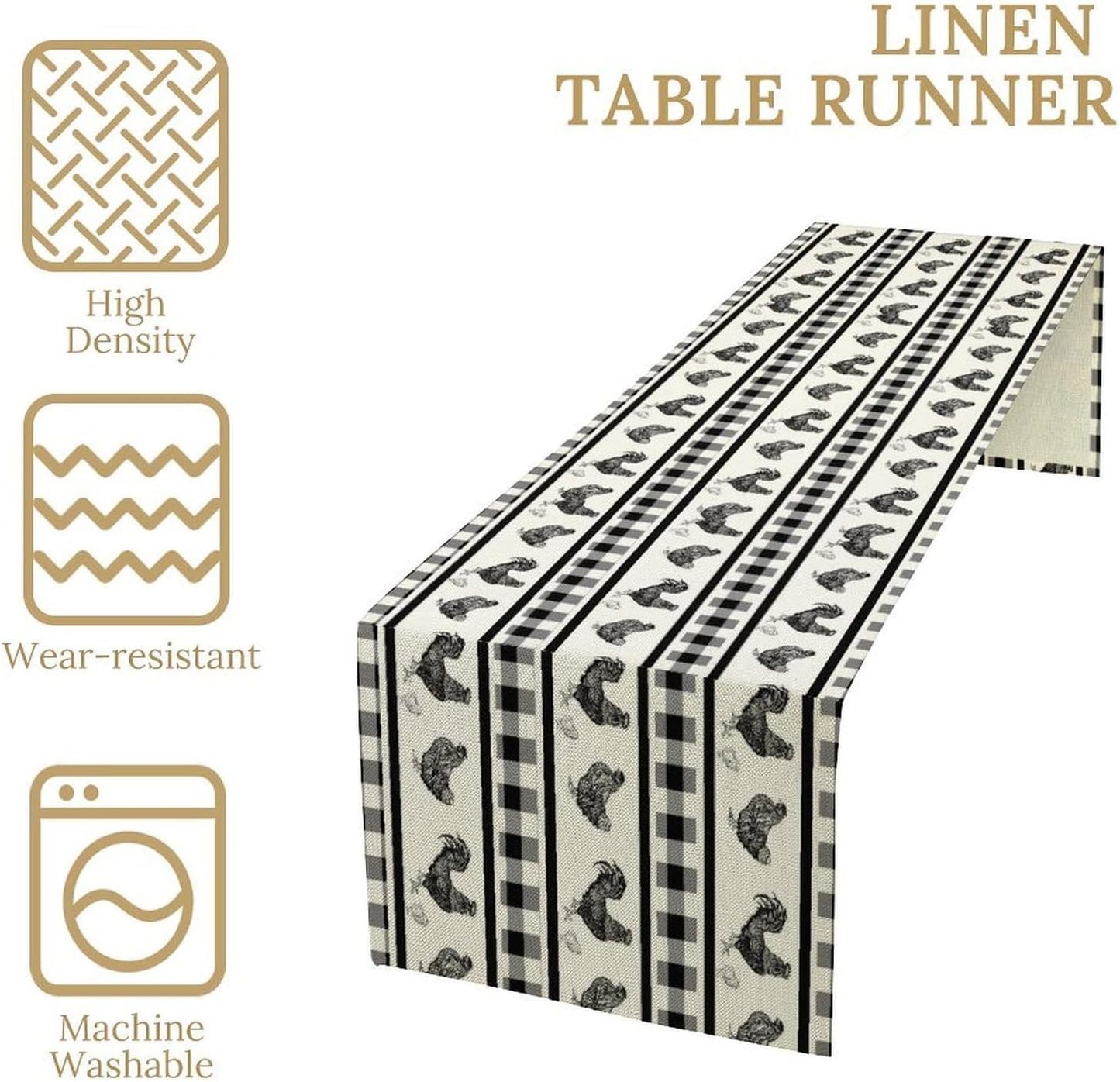 Rooster Table Runner,Farmhouse Animal Vintage Chicken Black White Plaid Check Tablecloth Burlap for Hotel Indoors Outdoor Dining Room Kitchen Home Decor,W13X L90 in