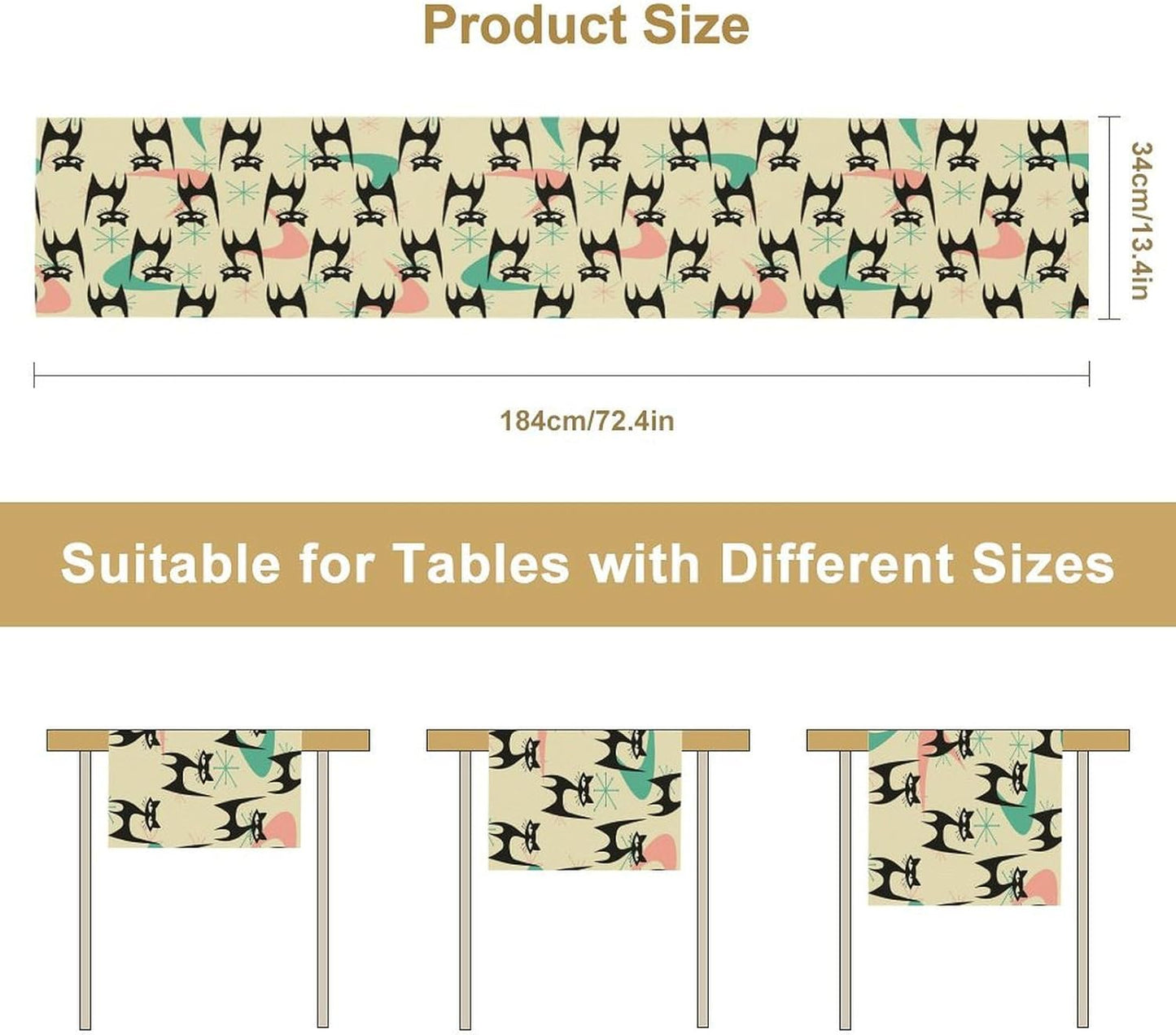 Mid Century Table Runner,Cat Geometric Stripe Colorful Abstract Pattern Print Tablecloth Burlap for Hotel Indoors Outdoor Dining Room Kitchen Holiday Party, 13x36in