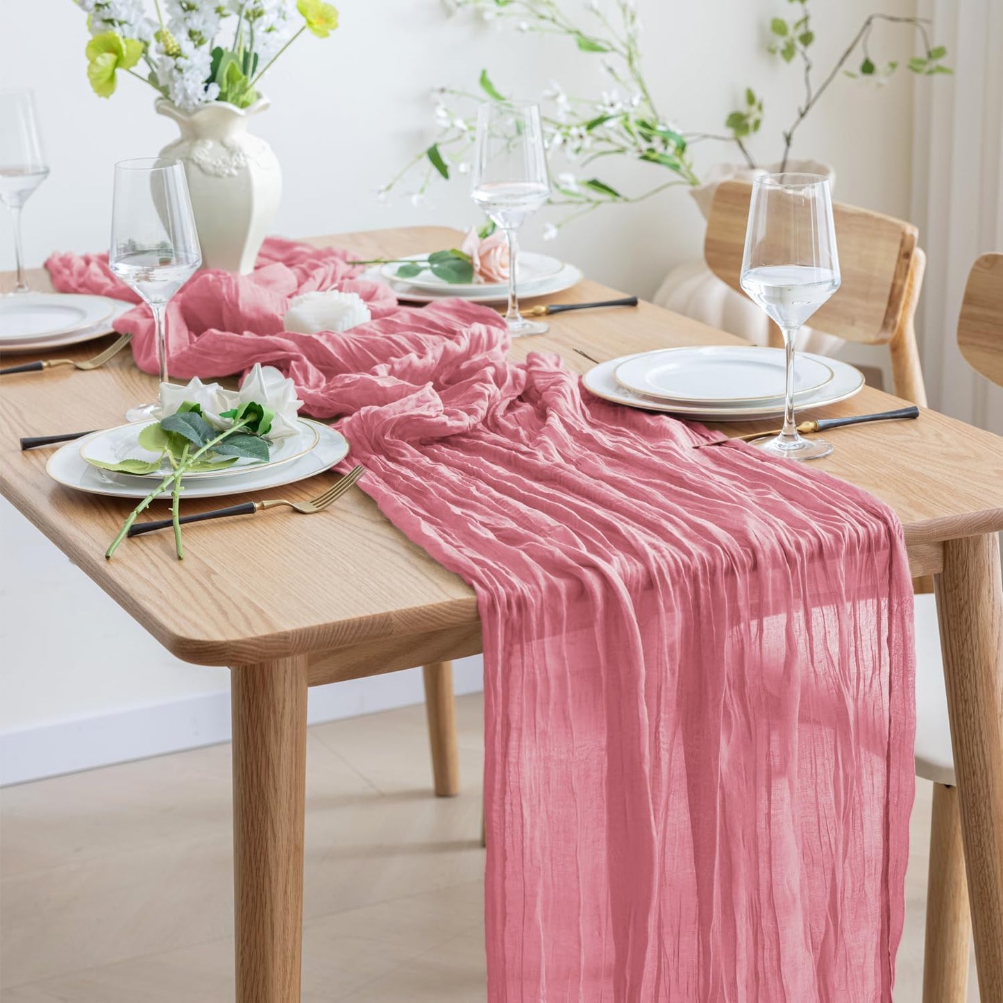 Asee'm 2pcs Cheesecloth Table Runner 120 Inches Dusty Rose Boho Gauze Cheese Cloth Runner 10FT Rustic Sheer Table Runners for Summer Wedding Baby Shower Holiday Party Decoration