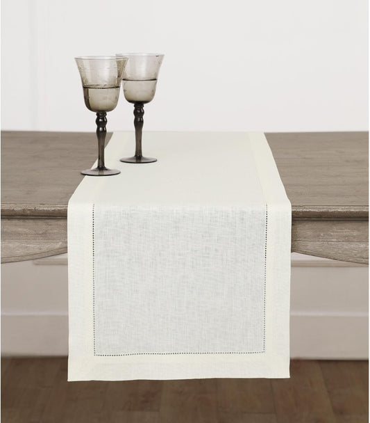 Solino Home Linen Ivory Table Runner 108 Inches Long - 100% Pure Linen 14 x 108 Inch Table Runner for Fall, Autumn, Thanksgiving, Christmas - Classic Hemstitch