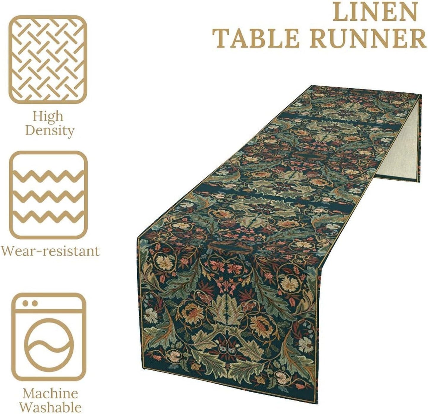 Green Morris Floral Table Runner, Boho Rustic Country Farmhouse Teal Red Rose Pattern for Home Kitchen Table Decor Dining Coffee Room Party Decor 13x36in