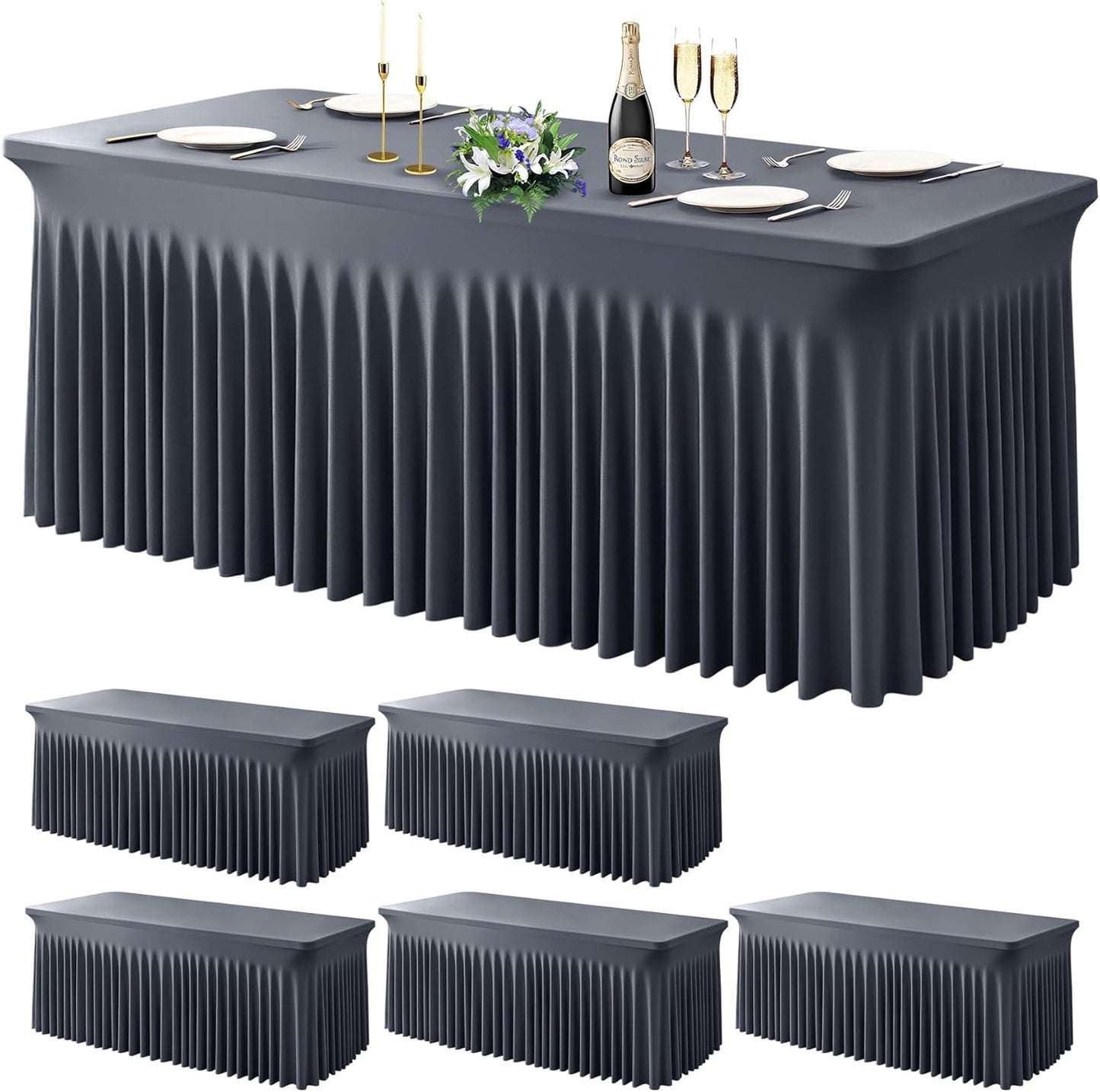 Wish Care 6 Pack Gray Spandex Table Clothes for 6 Foot Rectangle Tables, 6FT Wrinkle Free Fitted Tablecloths Ruffles Design Table Cover for Party, Banquet, Wedding and Events