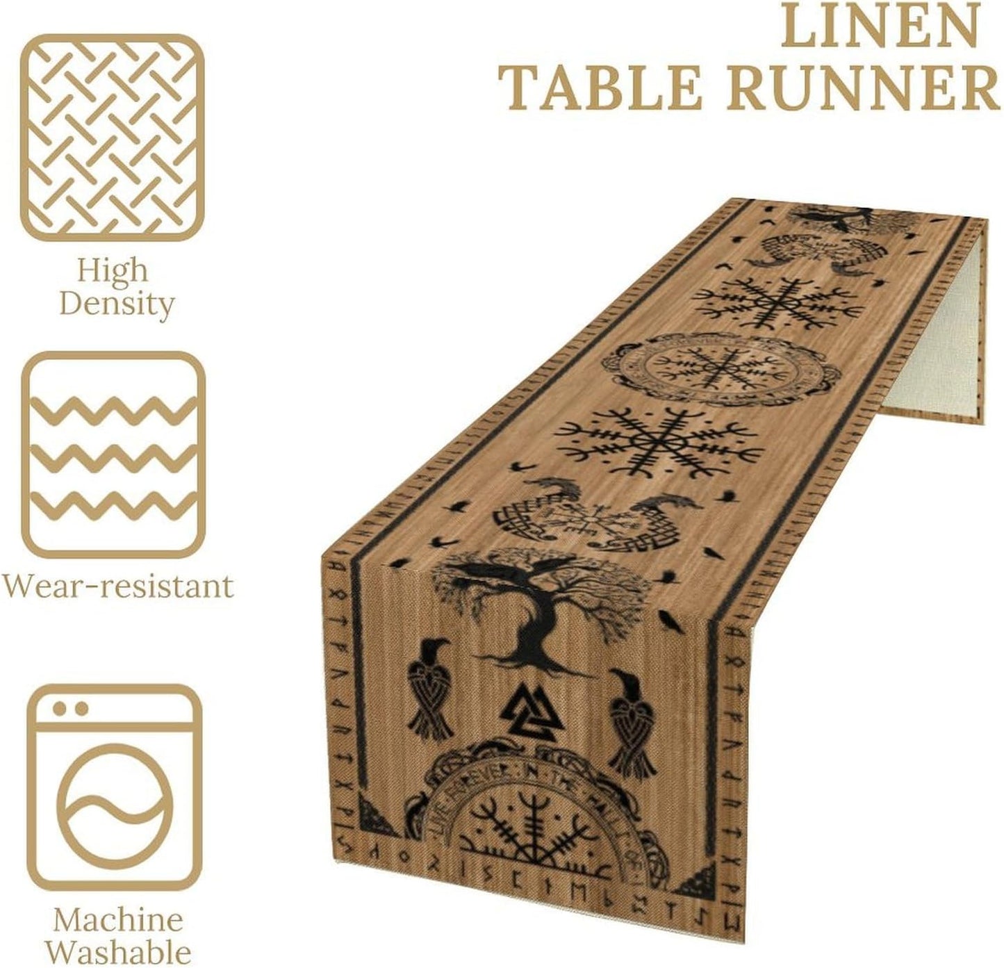 Viking Tree of Life Table Runner, Wooden Printed Eagle Dragon Boat Rudder Seasonal Kitchen Dining Table Decoration for Home Party 13x70 Inch