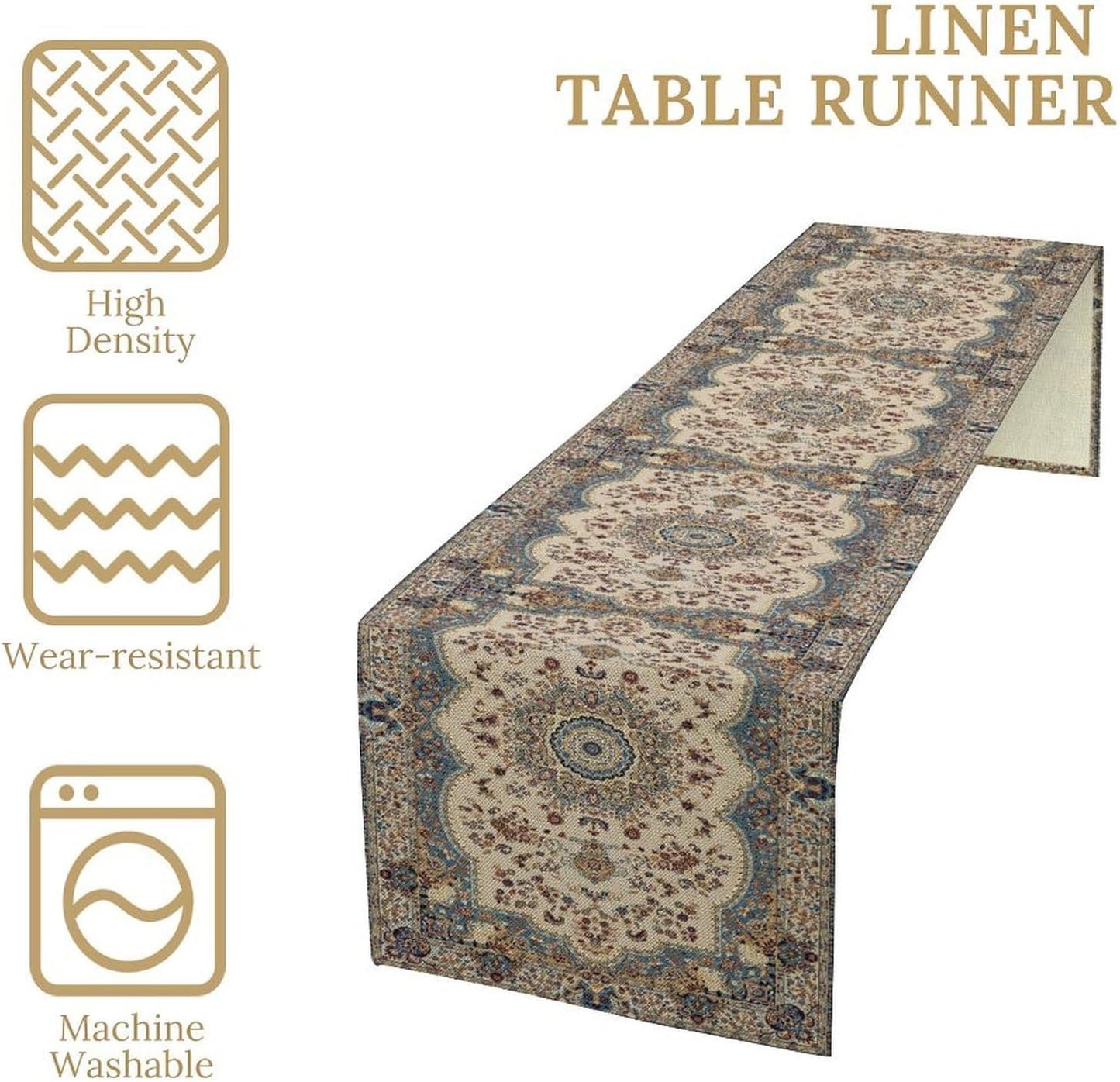 Boho Bohemia Style Table Runner, Vintage Blue Teal Gold Retro Flower Rustic Country Style Floral Print Pattern for Home Kitchen Table Decor Dining Coffee Room Garden Party Decor 13x36in