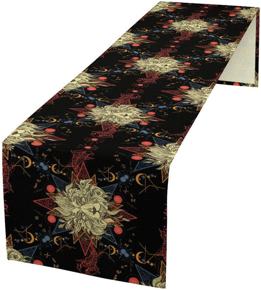 Boho Moon Lion Table Runner, Chinese Fish Phase of The Moon Sun Moon Table Runner for Kitchen Dining Table Home Party,13x90 Inch Black Red
