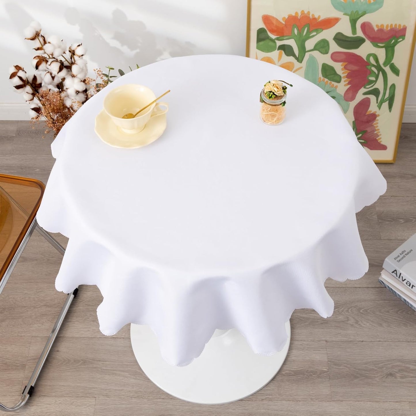 Small Round White Tablecloth 36 Inch Polyester Fabric Washable Table Cover Decorative Wrinkle Resistant Solid Color Table Cloth for Kitchen Dining Party Wedding Camping