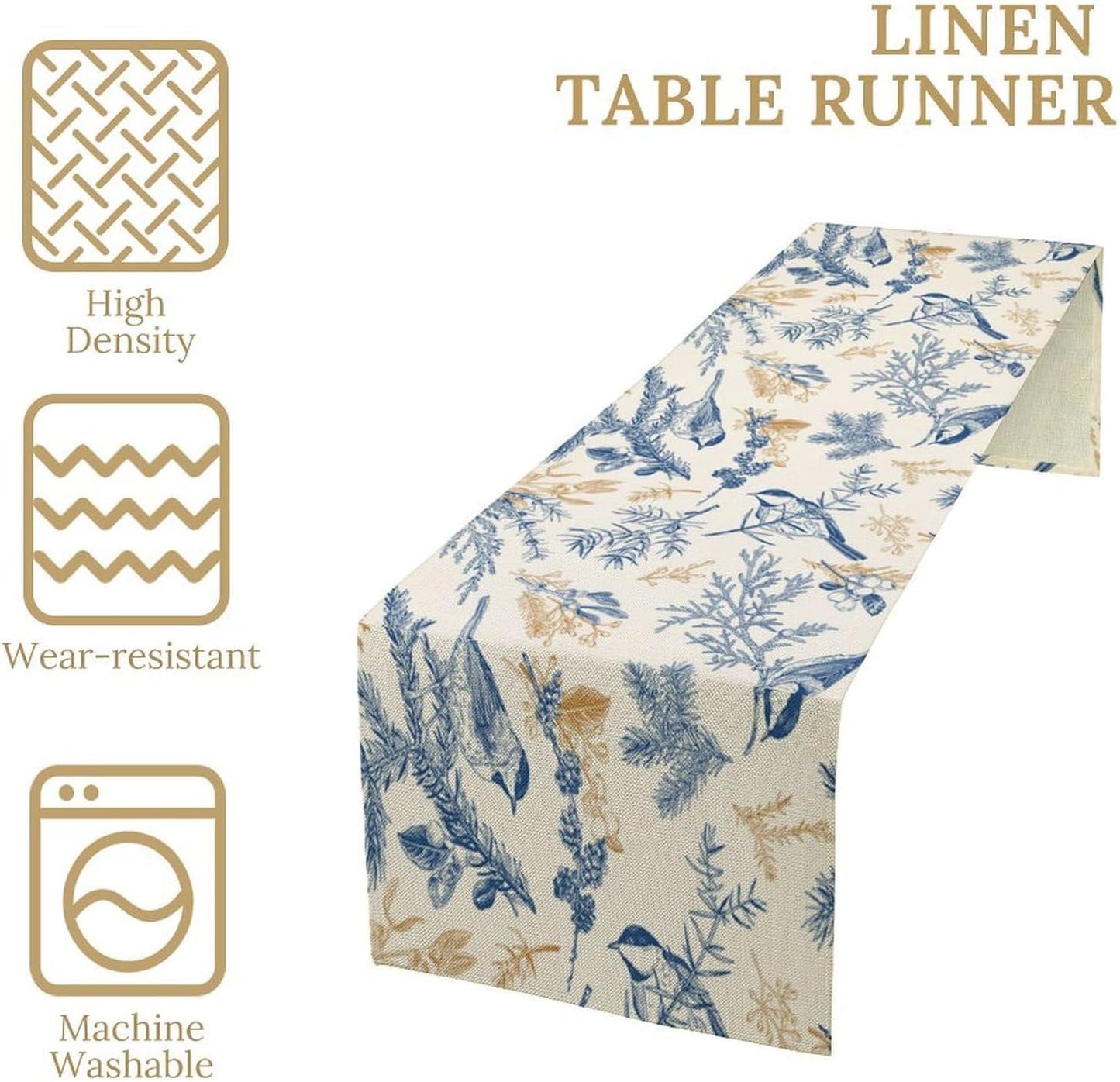 Chinoiserie Flowers Table Runner, Seasonal Spring Fall Plants Blue Florals Birds Dinner Runner for Home Kitchen Dining Table Party Holiday Decoration 13"x120"