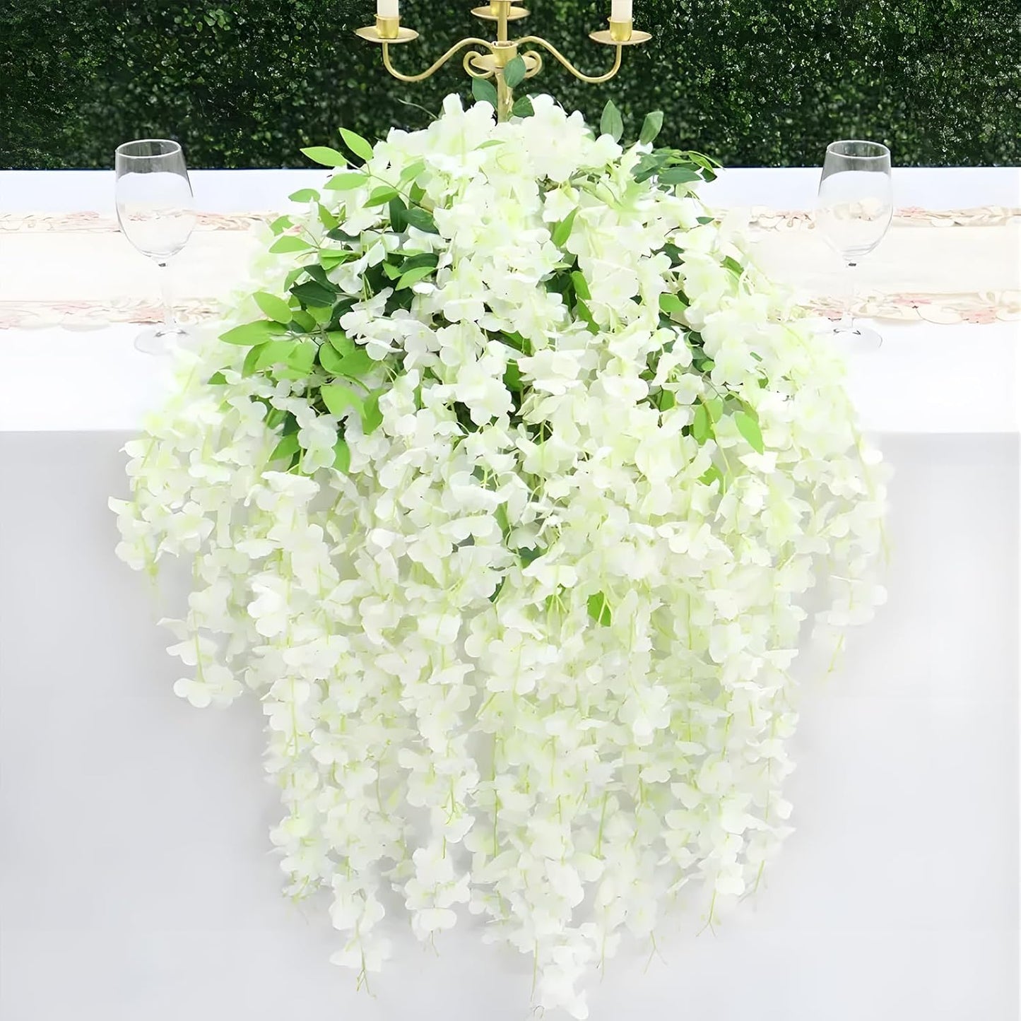 24 Pack Green White Wisteria Hanging Flowers, 3.4 Ft Fake Hanging Flowers, Artificial Wisteria Garland Vines for Wedding Room Backdrop Outdoor Patio Garden Decoration