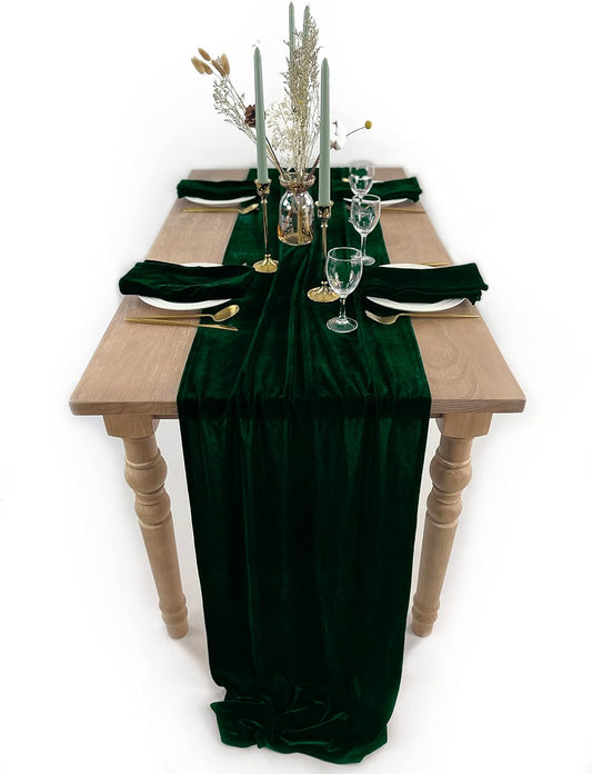 Emerald Green Velvet Table Runner, Luxurious Wedding Table Runner Decorations, 20 x 120 inch 10ft Velvet Fabric Table Linen Overlay for Party