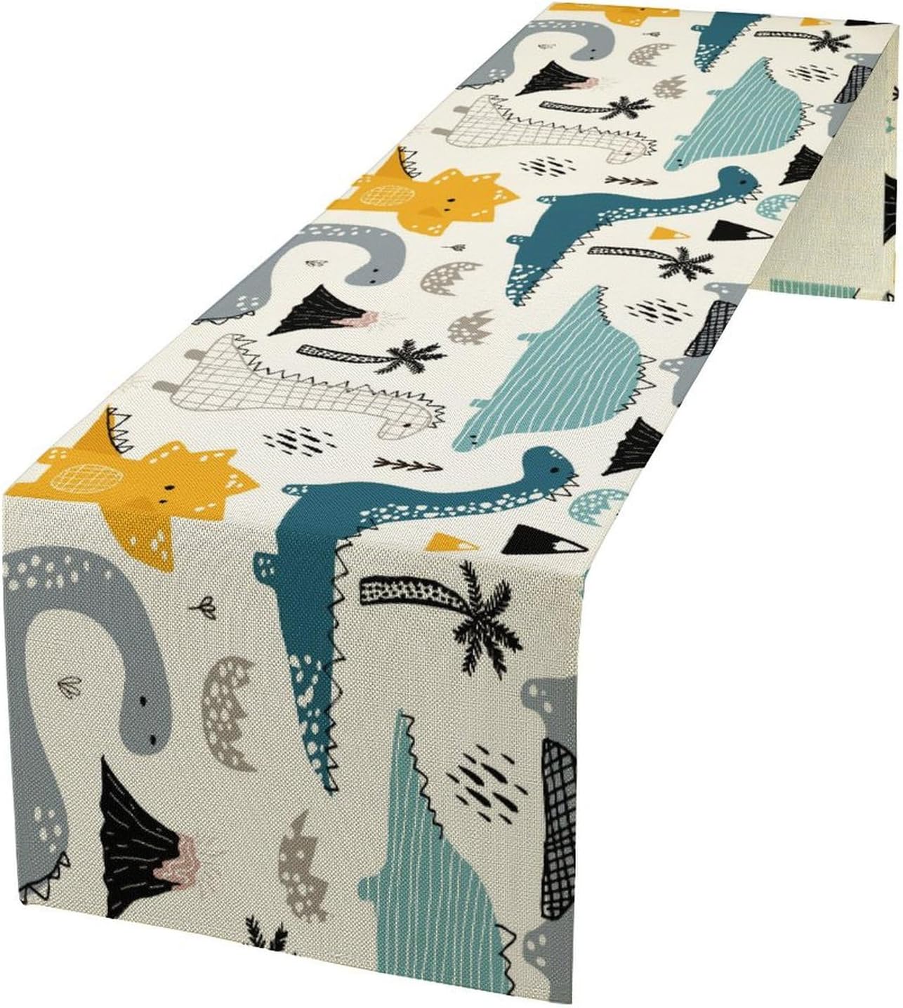 Cartoon Dinosaur Table Runner,Kids Boys Cute Various Dino Moutain Modern Abstract Print Tablecloth Burlap for Hotel Indoors Outdoor Dining Room Kitchen Holiday Party, 13x90in
