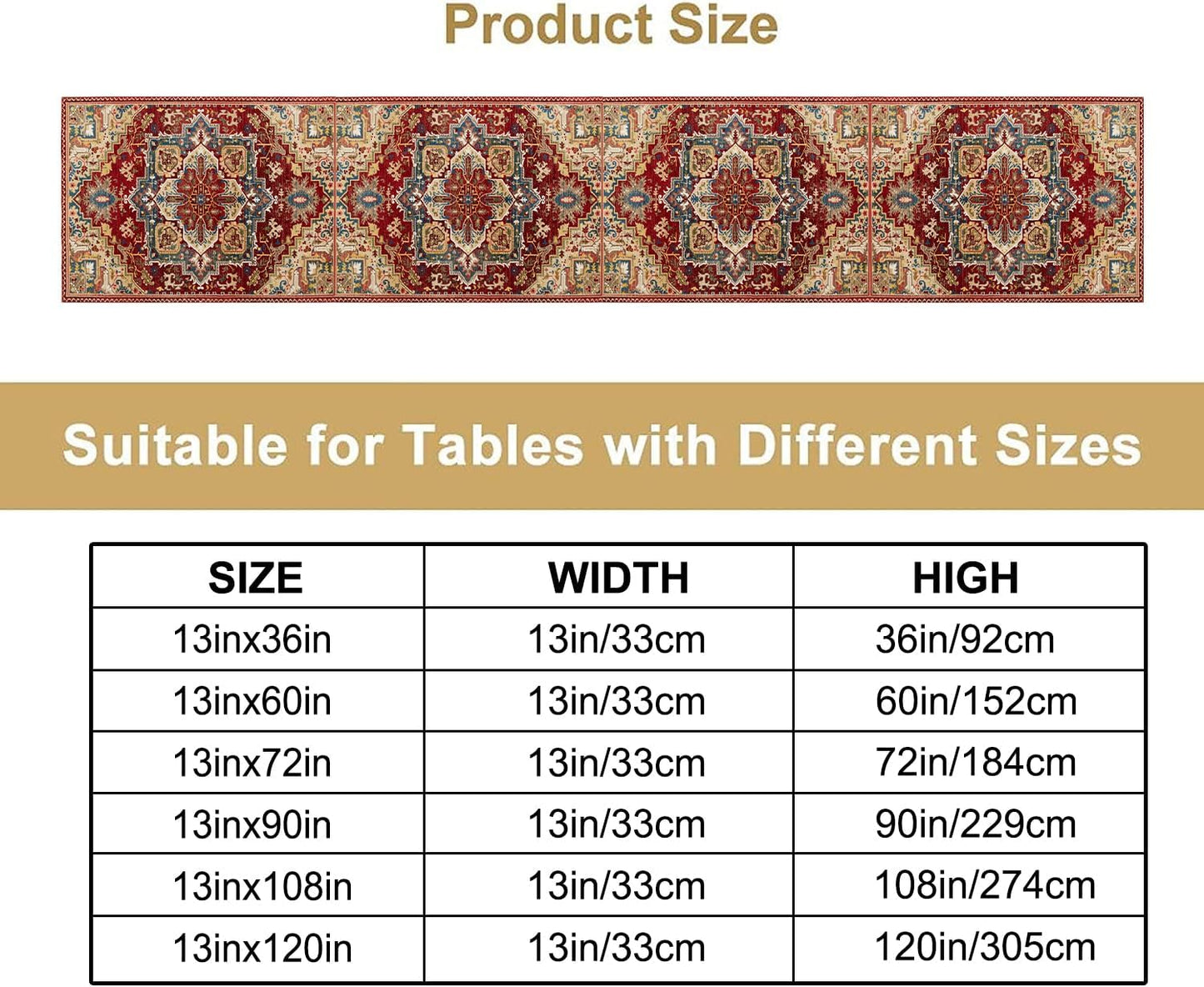 Boho Bohemia Style Table Runner, Vintage Red Brown Retro Flower Rustic Country Style Floral Print Pattern for Home Kitchen Table Decor Dining Coffee Room Garden Party Decor 13x120in