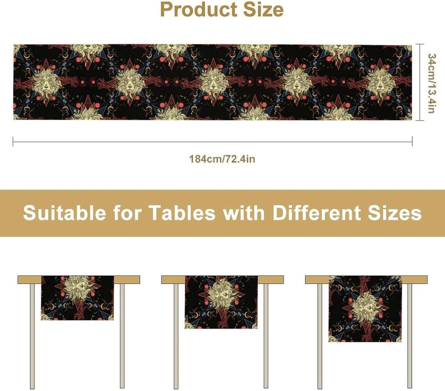 Boho Moon Lion Table Runner, Chinese Fish Phase of The Moon Sun Moon Table Runner for Kitchen Dining Table Home Party,13x70 Inch Black Red