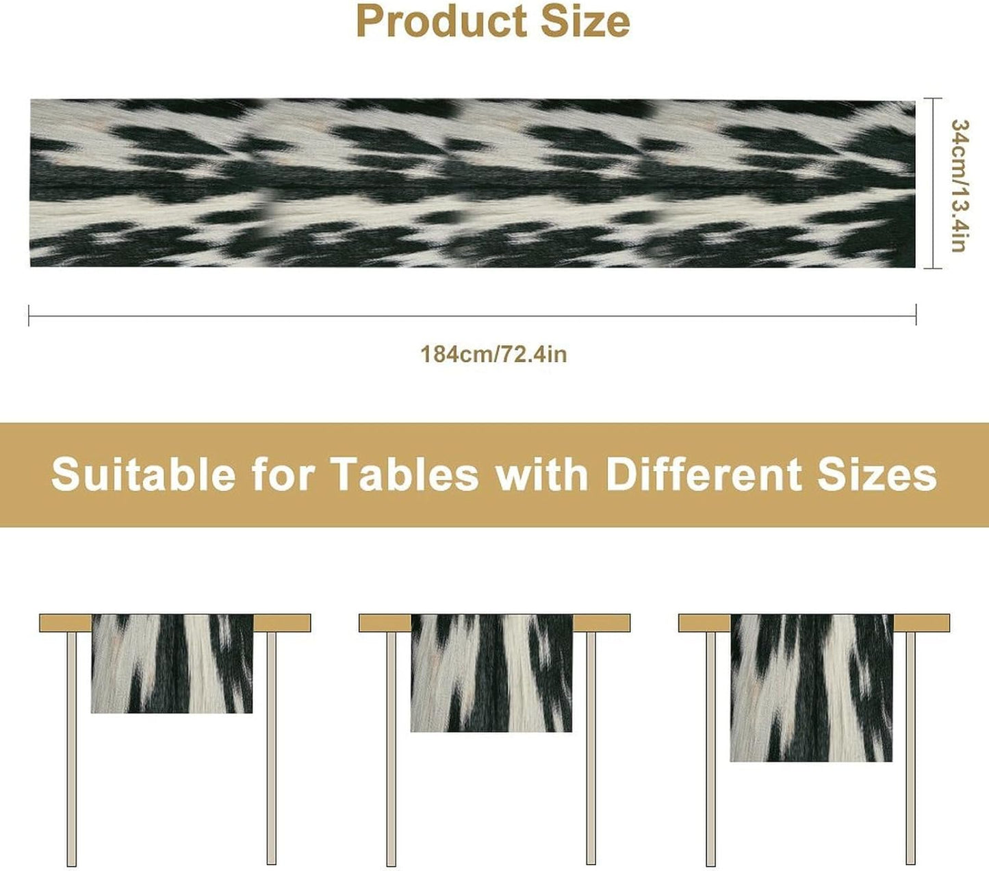 Rustic Cow Skin Print Table Runner, Country Farm Animal Fur Skin Pattern Western Style Brown Cowhide Print Cotton Linen Cottage Dinner Runner for Home Kitchen Dining, 13x120 Inch