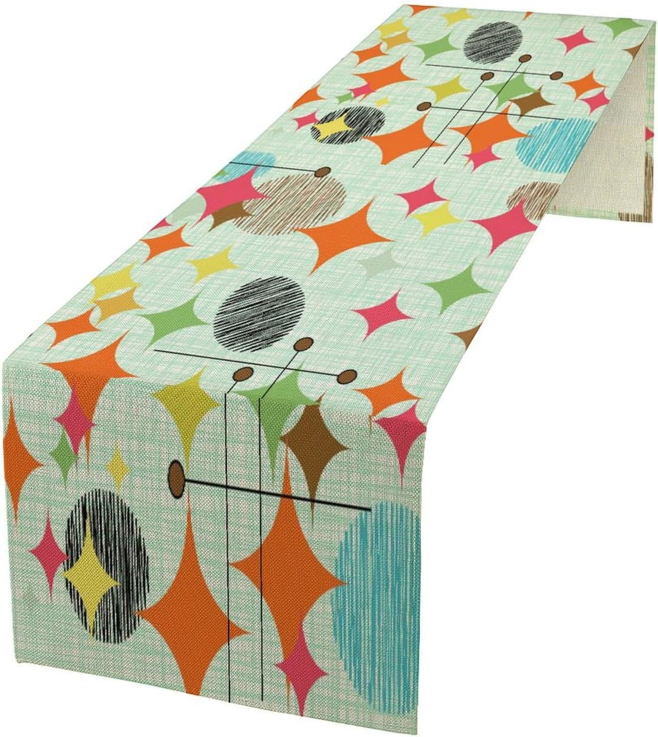 Mid Century Table Runner,Abstract Retro Modern Geometric Colorful Stripe Pattern Print Tablecloth Burlap for Hotel Indoors Outdoor Dining Room Kitchen Holiday Party, 13x80in