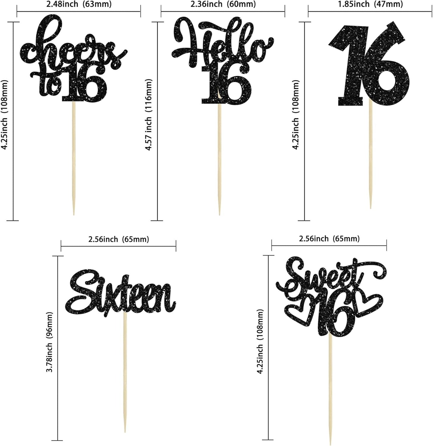 30pcs 16th Birthday Cupcake Toppers - Sixteen Happy Cupcake Picks, Cheers to 16 Sweet 16 Cake Decorations for 16th Birthday Party Supplies - Black Glitter