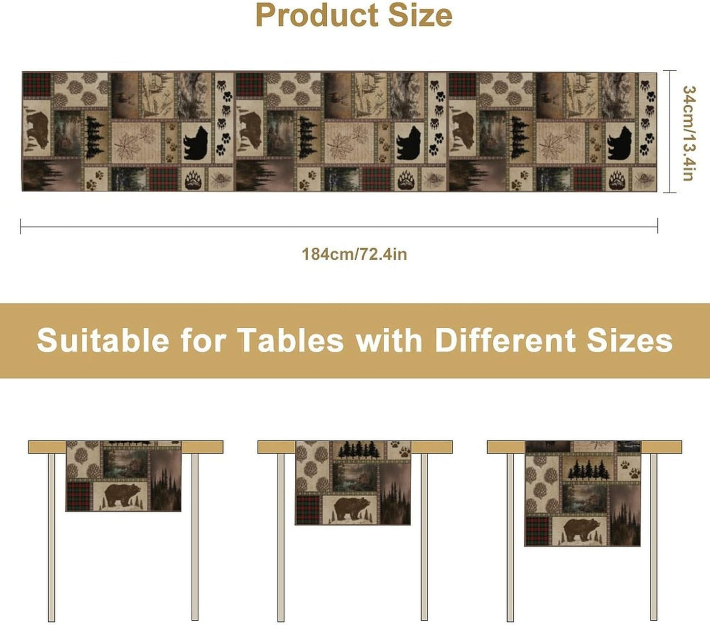 Retro Rusticd Cabin Table Runner Bear Country Farmhouse Vintage Lodge Table Runner for Party Dinner Festival Bedroom Living Room Kitchen 13x120 Inch