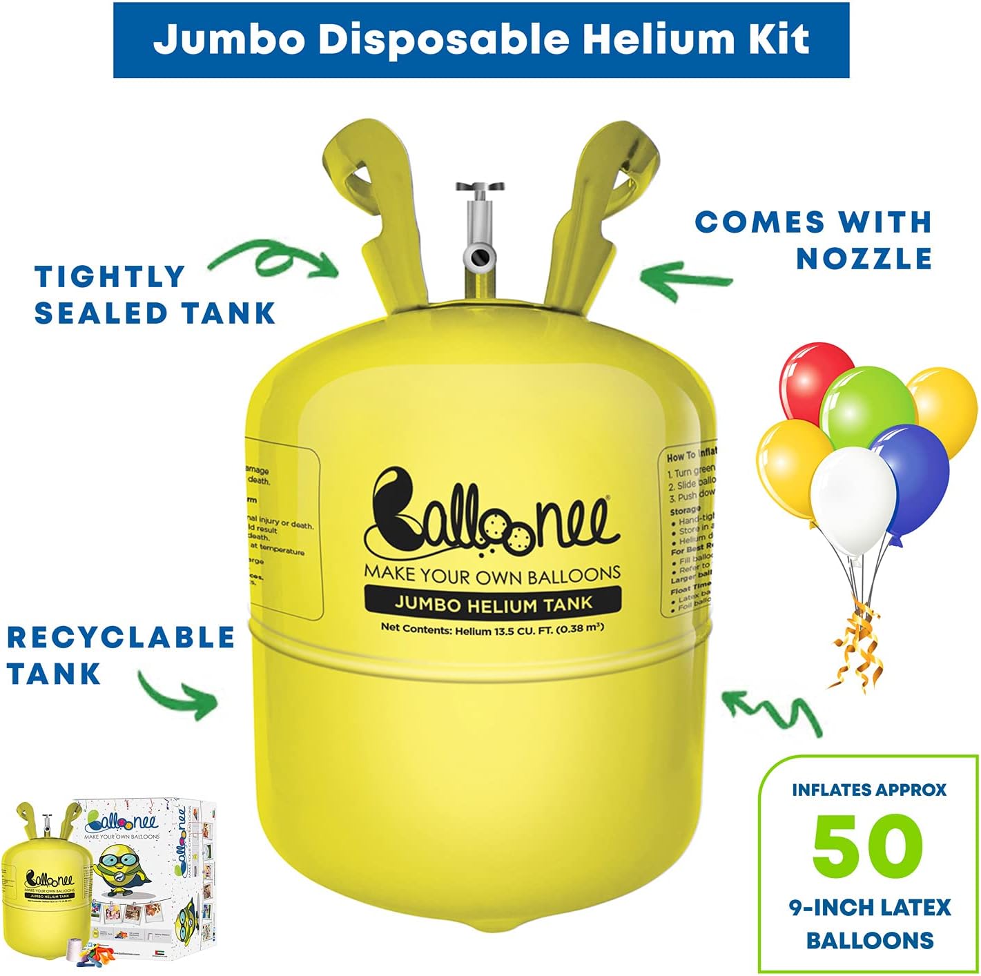 Jumbo Disposable Helium Party Kit, Helium Tank for Balloons At Home, 13.5 Cu Ft Helium Balloon Pump Kit with 50 Assorted Latex Balloons, Helium Tank, Portable for Celebrations