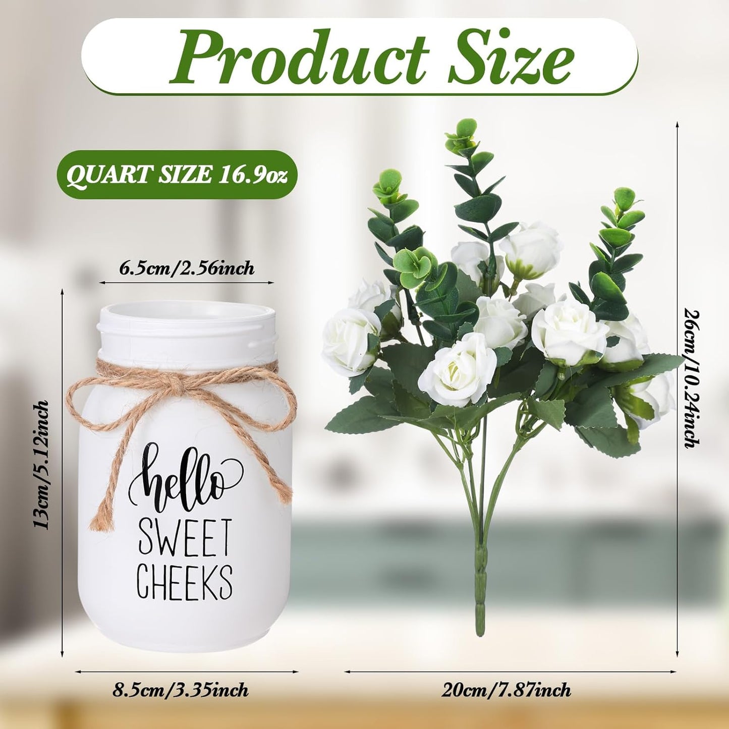 XunYee Farmhouse Bathroom Decor Hello Sweet Cheeks Sign Mason Jar with Flowers 16.9 oz White Mason Jar Centerpiece Table Rustic Decor for Restroom Bathroom Shelf Bridal Shower Kitchen